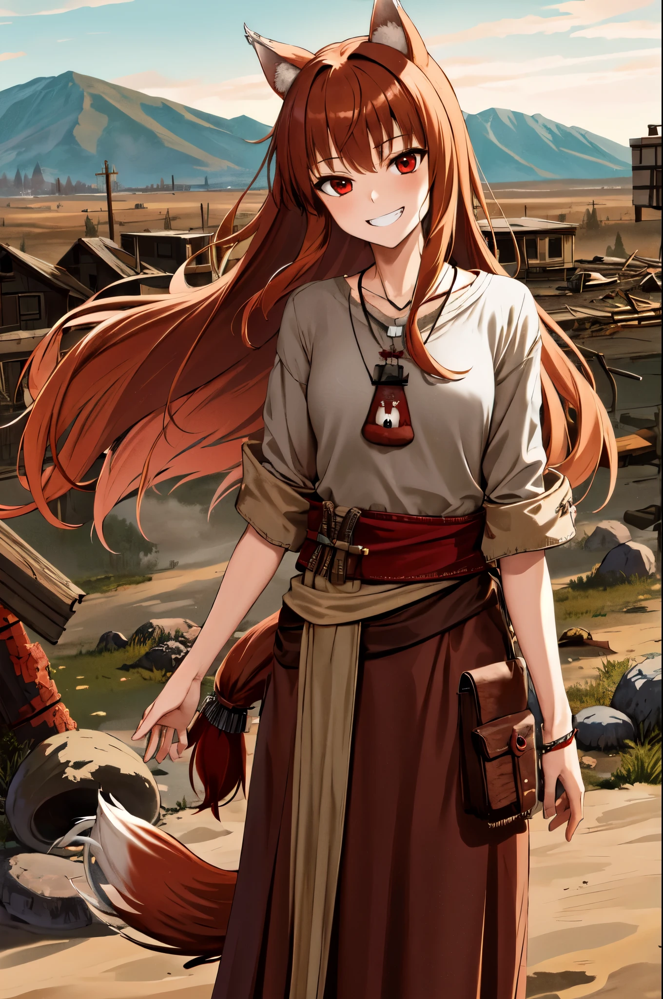 masterpiece, best quality, highres, 1girl, long hair, brown hair, animal ears, red eyes, (wolf tail), (post apocalyptic clothes), necklace, sash, pouch, smile, grin, post apocalyptic landscape, holding in hands, standing