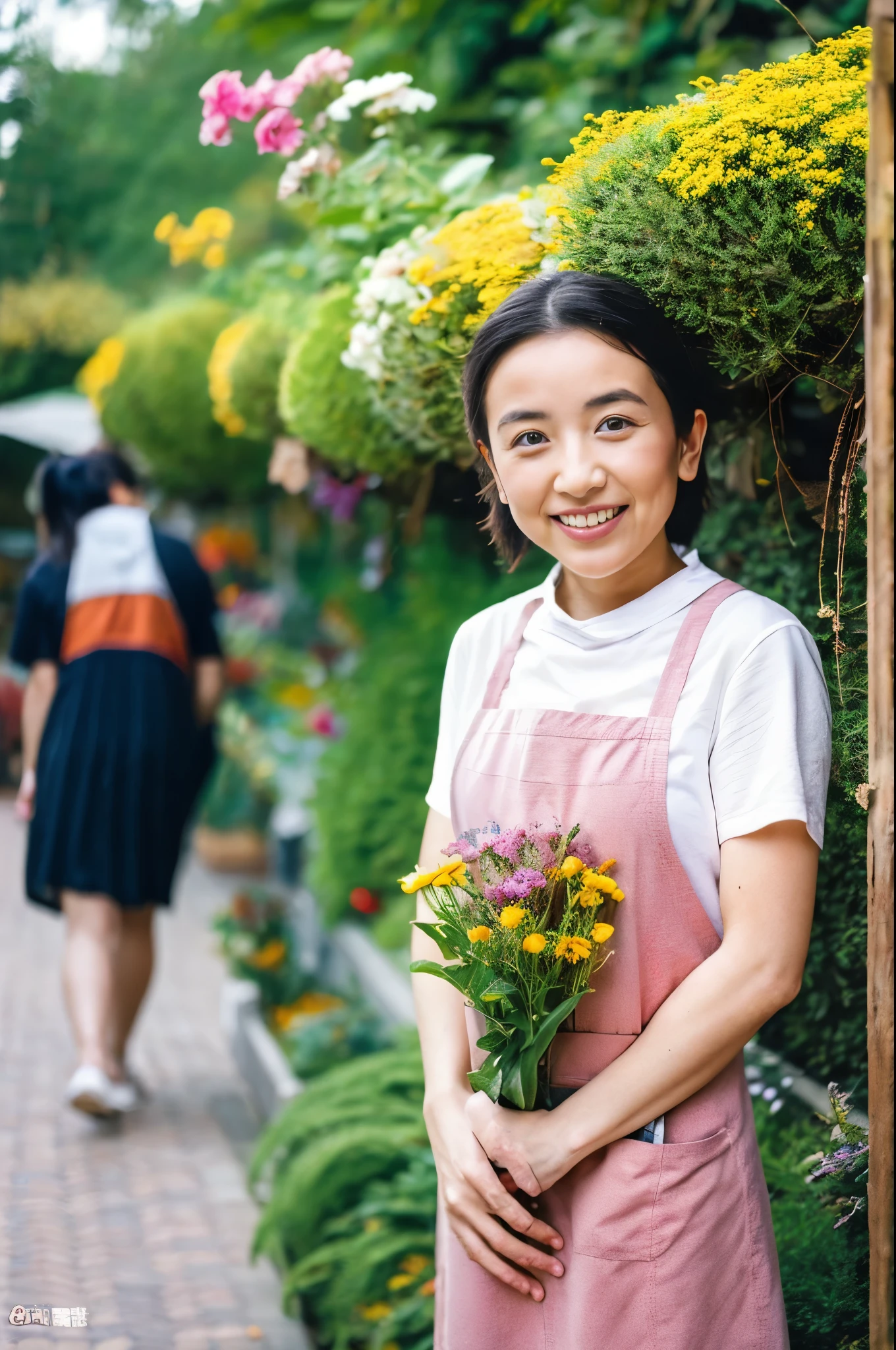 ((masterpiece,best quaLightingy 1.4)), (8k,RAW Photos:1.2), (Realistic,photo Realistic:1.4), Ultra-high resolution , (Highly detailed 8k wallpaper) ,Japanese Idols, Japanese actress, Japanese, very cute, Big eyes, Highly detailed eyes and face, Beautiful eyes in every detail,Shiny skin,Portraiture,(ponytail :1.2),(smile:1.3) ,(Holding a bouquet:1.2),Lighting, Sharp focus, Written boundary depth , (Dynamic Angle:1.4 ). Blur the background, Bokeh, (apron:1.3) ,A small flower shop bathed in spring sunlight, Colorful flowers lined up. In front of the shop, Vibrant bouquets and hanging succulents on display... The background is cobblestones and old-fashioned streetscapes..