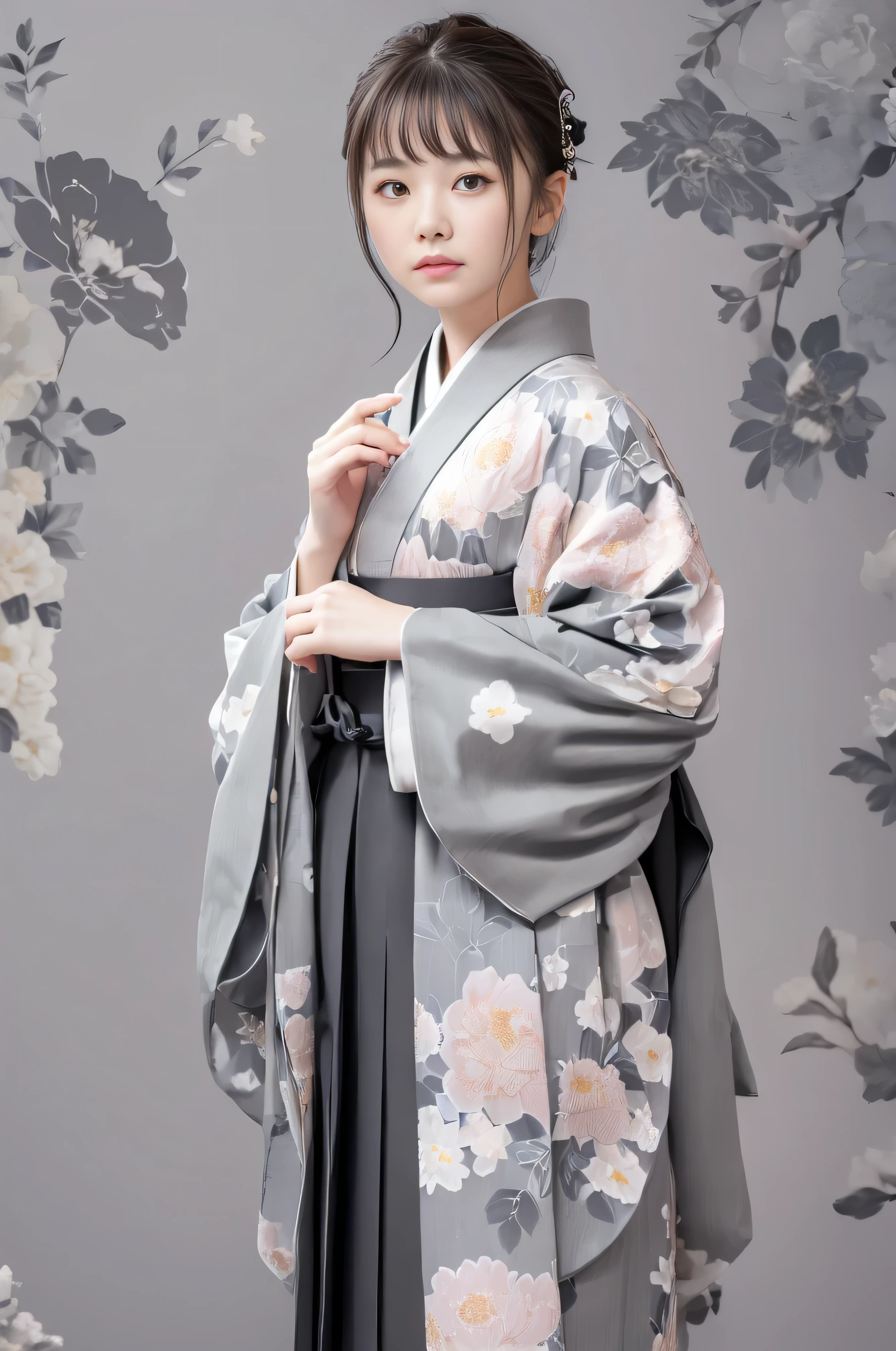 (((gray floral background:1.3)))、highest quality, Tabletop, High resolution, (((One Girl))), 16 years old,(((Eyes are grey:1.3)))、Gray kimono、((Beautiful Gray Kimono)), Tyndall effect, Realistic, Shadow Studio,Ultramarine Lighting, Dual Tone Lighting, (High Definition Skins: 1.2)、Pale colored lighting、Dim lighting、 Digital SLR, photograph, High resolution, 4K, 8k, Background Blur,Fade out beautifully、gray flower world
