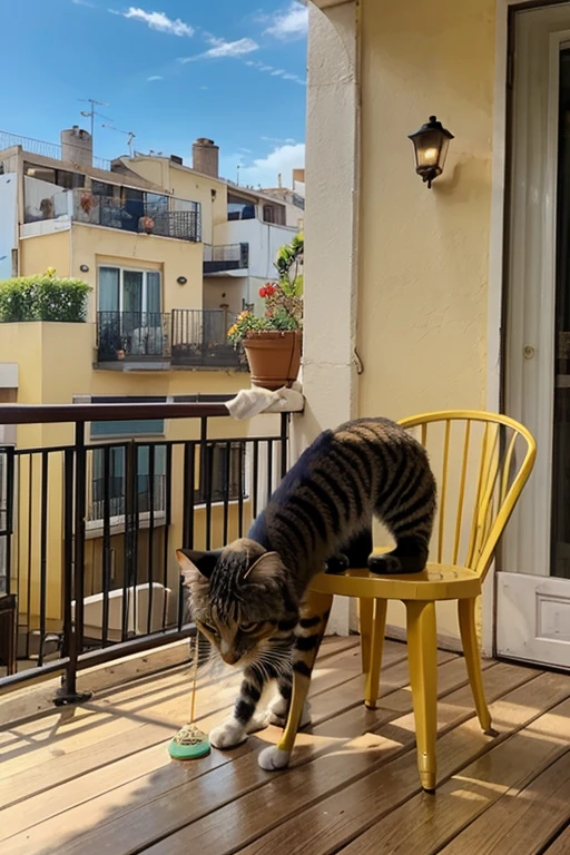 a yellow striped cat drinking coffee on a terrace