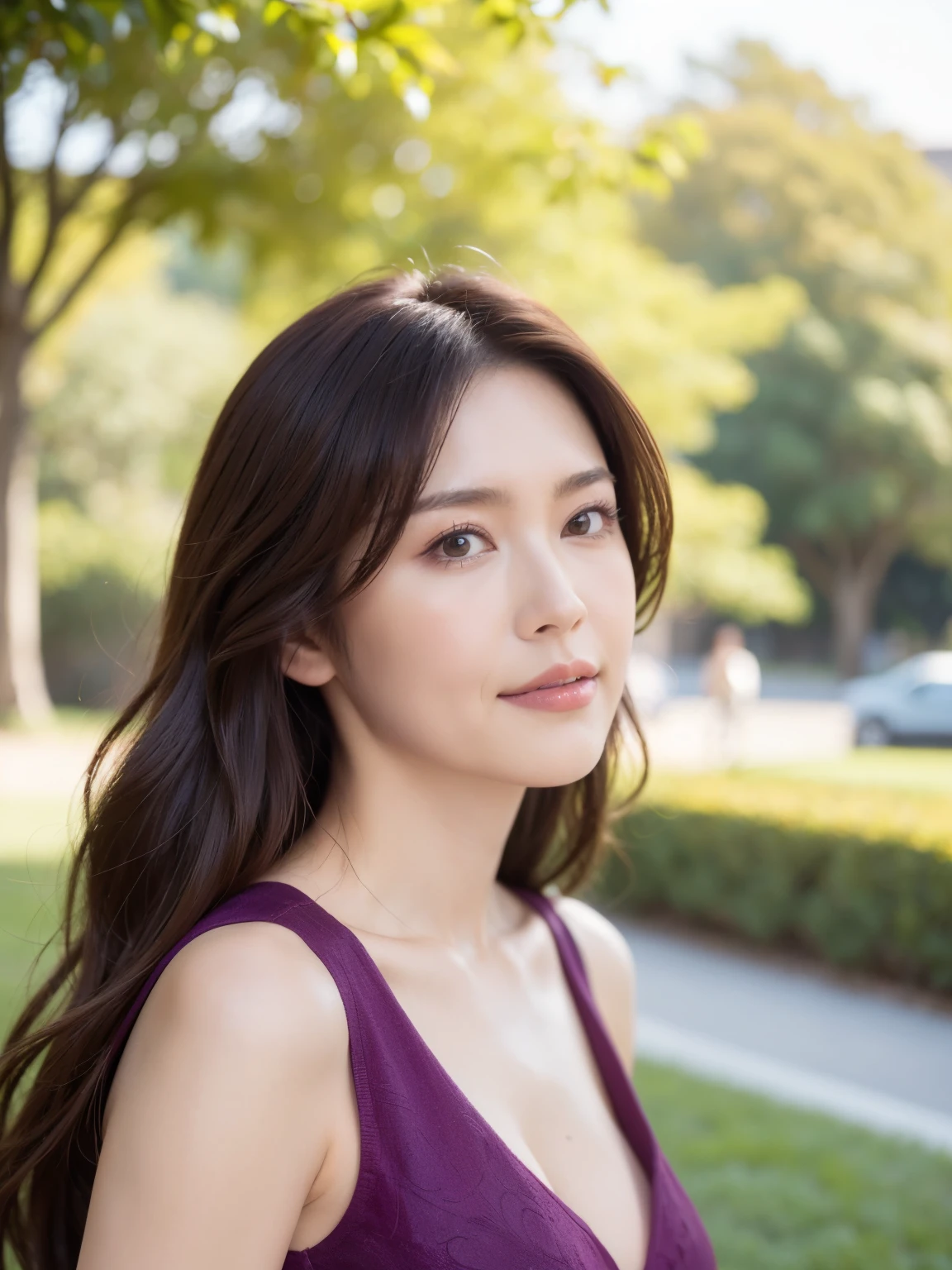 最high quality, In 8K, Masseter muscle area, Lifelike, Sharp focus, high quality, High resolution, Detailed face, Detailed eyes, Thick lips, (Look at the viewers), solo, Beautiful woman, 45 years old, plum, Beautifully styled hair, Cleavage, Brightly colored patterned dress, Afternoon in front of the park garden,