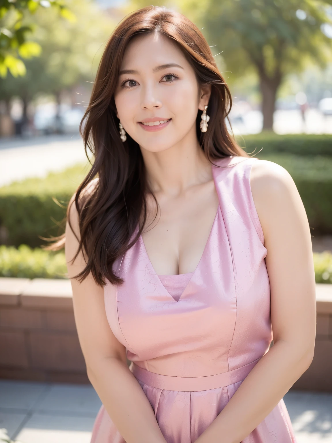 最high quality, In 8K, Masseter muscle area, Lifelike, Sharp focus, high quality, High resolution, Detailed face, Detailed eyes, Thick lips, (Look at the viewers), solo, Beautiful woman, 45 years old, plum, Beautifully styled hair, Cleavage, Brightly colored patterned dress, Afternoon in front of the park garden,