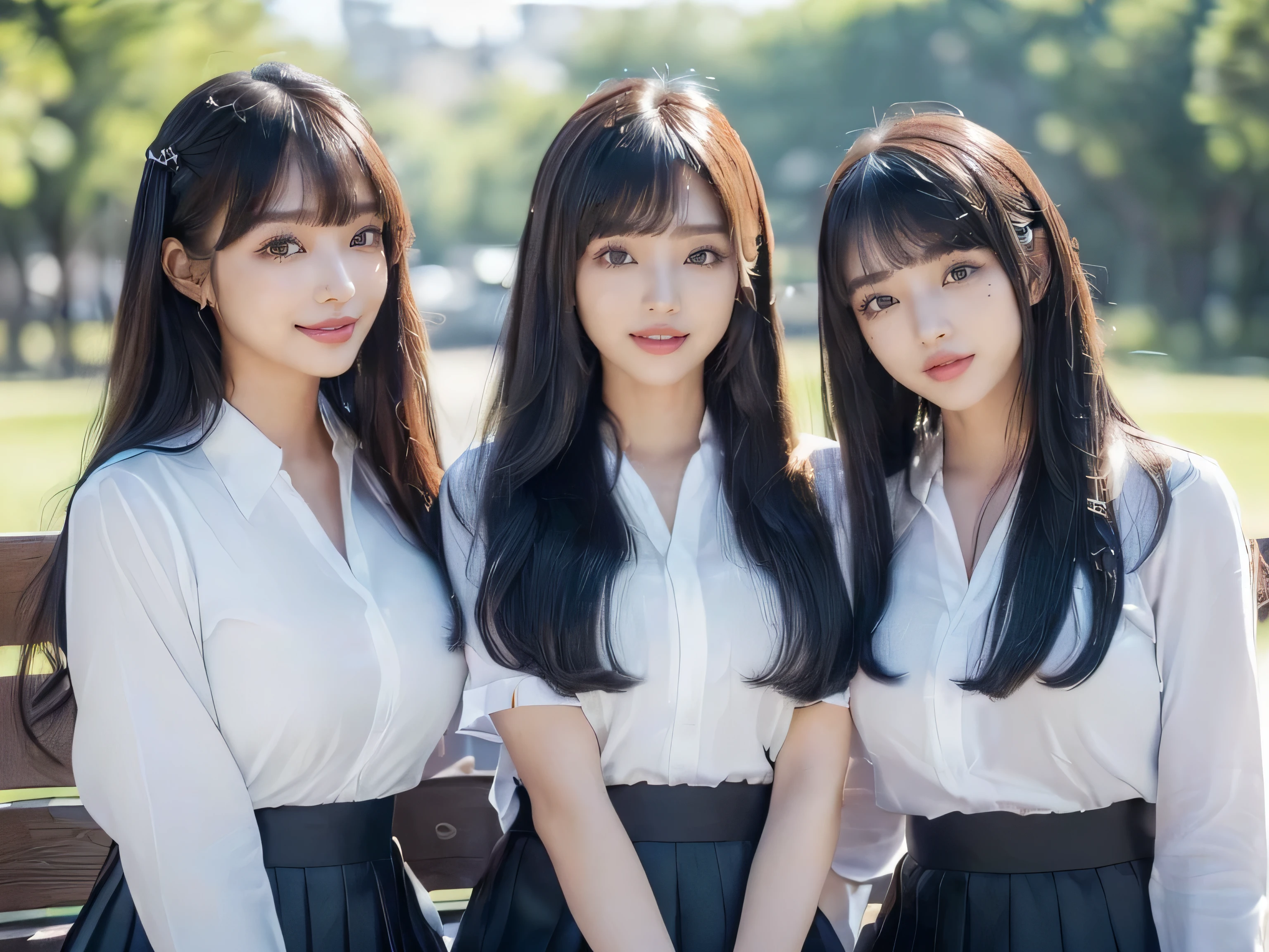 (((Three close sisters posing together on a park bench:1.2 shot from the front)))　highest quality, masterpiece, Familiar　Get used to it　Perfect Face　((The 24-year-old eldest daughter in the center wore professional sexy makeup.　Lipstick is red:1.1. The eyeliner is a beautiful black　Bangs are the perfect hime cut　Her highest quality and most detailed hair is jet black, Very long, Straight hair that stretches endlessly and seems to reach the ground:1.3.　Narrow eyes and narrow face、Dignified features　expensive、Have a typical Japanese body type　Excessive breasts:1.4　Japanese skin tone and ultra-precise skin　Her smile is sexy　Very beautiful teeth　She is wearing a long black pleated skirt and a white blouse:1.Wearing 1　Look straight ahead and at the viewer　highest quality　masterpiece　Get used to it　Rich 1.4　Extremely detailed 8K　Ultra-fine skin texture 1.4　Actual, Vibrant:1.4,　double eyelid　Sharp focus:1.2、Beautiful woman:1.4))　((The 21-year-old second daughter on the left has cute, professional makeup done.　Uneven bangs and princess cut　Her highest quality and most detailed hair is light brown.、Extraordinarily long wavy hair that reaches the ground and goes on forever　Large Breasts:1.4　Average height and typical Japanese buildよりややスリム　Ultra-precise reproduction of typical Japanese skin and color　I laughed out loud when I saw my third daughter..　Wearing blue jean hot pants and a blue collared shirt　Your teeth are so beautiful　highest quality　masterpiece　Get used to it　Rich 1.4　Extremely detailed 8K　Ultra-fine skin texture 1.4　Actual, Vibrant:1.4　 double eyelid　Sharp focus:1.2、Beautiful woman:1.4))　((The 18-year-old third daughter on the right has perfect baby face makeup...　Her bangs are perfectly aligned、Hanging straight down.　Her highest quality and most detailed hair is lovely, perfectly straight, and incredibly long, straight blonde hair that reaches the ground and goes on forever.:1.1.　Large Breasts:1.4　Average height and typical Japanese build　Japanese skin tone and ultra-precise skin　She was shocked by her second daughter.、I was surprised to see my second daughter.。.:1.Formula 1　she is wearing a white dress　Your teeth are so beautiful　highest quality　masterpiece　Get used to it　Rich 1.4　Extremely detailed 8K　Ultra-fine skin texture 1.4　Actual, Vibrant:1.4　 double eyelid　Sharp focus:1.2、Beautiful woman:1.4))　This is a park bench　RAW photos taken by professional photographers using SLR cameras