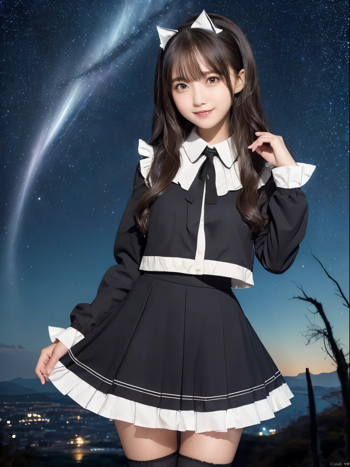 ((masterpiece)), (((highest quality))), ((Very detailed)), ((figure)), ((Disheveled Hair)), Beautiful fine details, (One girl:1.2), (alone), Dynamic Angle, Black Magician Girl, (Black knee-high socks:1.1), (Starry sky tornado:1.4), nebula, ((Frills)), Beautifully detailed skies, Beautiful fine details, Wicked Smile, Expressionless, Hair between the eyes, Gray Hair, Pleated skirt, ((Disheveled Hair)),,NFSW