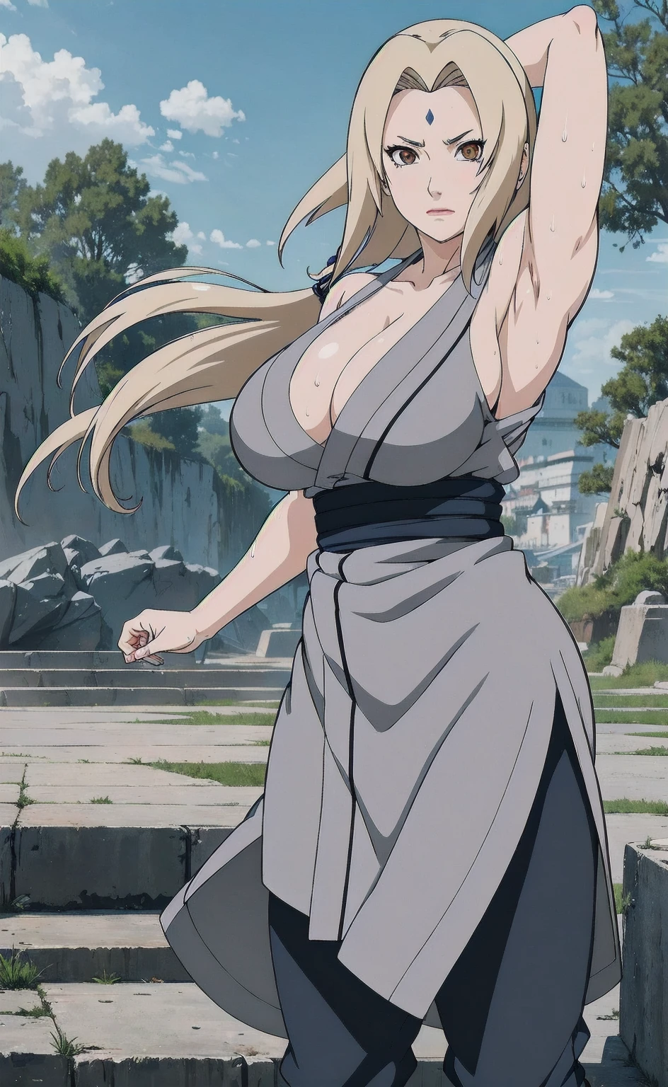 (masterpiece, highest quality:1.2), alone, One Girl, Tsunade Defense, Forehead mark, View your audience、((In combat、Sweat、wood、pants、Raw、Dirt、Raise your arms、Armpit、No sleeve、Torn clothes、Large areola、chest))、Beautiful girl with beautiful details, Professional photography illumination, Highly detailed eyes and face, Beautiful eyes in every detail、Beautiful detailed hair, Beautiful and exquisite cold face、anime