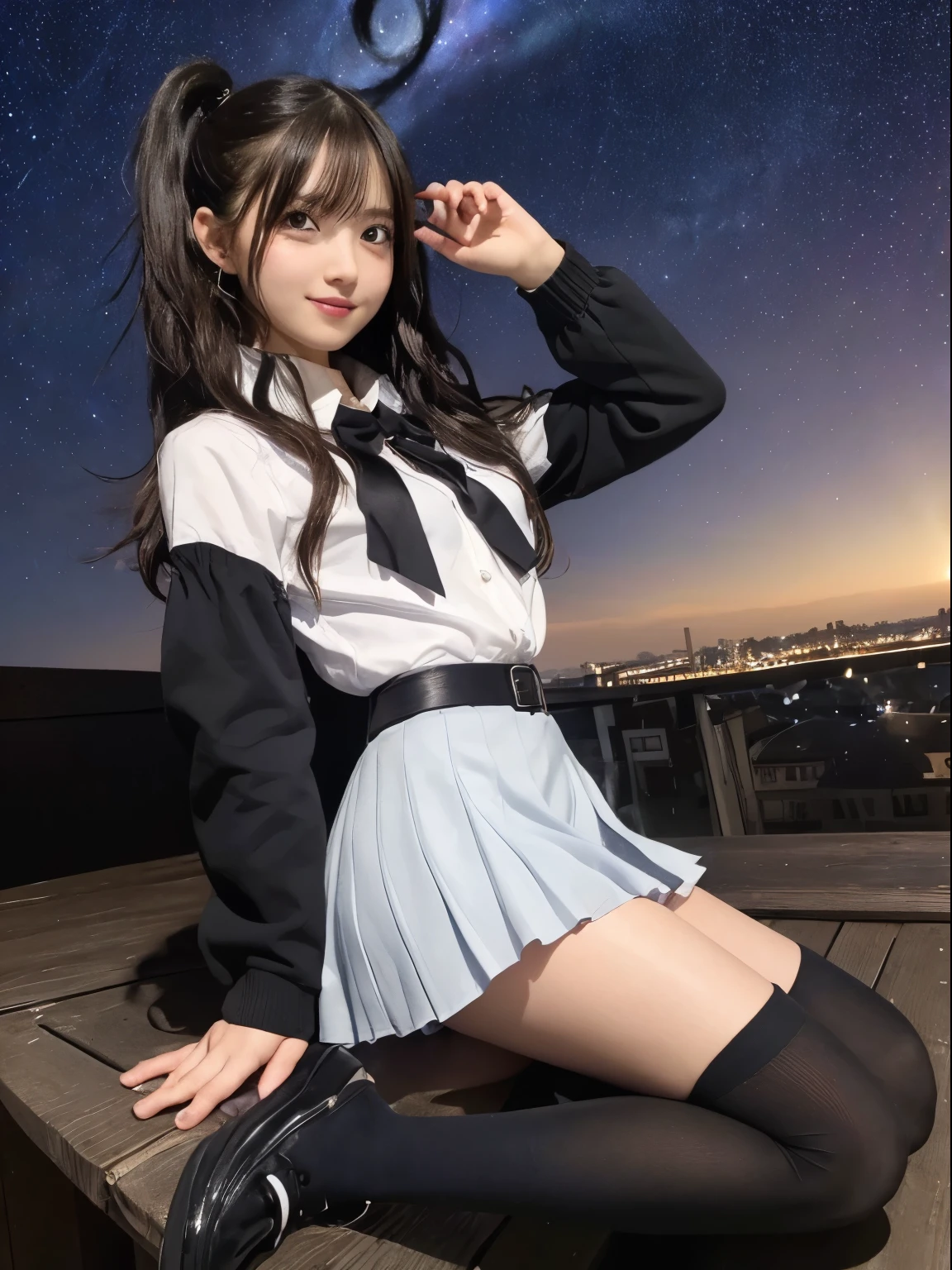((masterpiece)), (((highest quality))), ((Very detailed)), ((figure)), ((Disheveled Hair)), Beautiful fine details, (One girl:1.2), (alone), Dynamic Angle, Black Magician Girl, (Black knee-high socks:1.1), (Starry sky tornado:1.4), nebula, ((Frills)), Beautifully detailed skies, Beautiful fine details, Wicked Smile, Expressionless, Hair between the eyes, Gray Hair, Pleated skirt, ((Disheveled Hair)),,NFSW