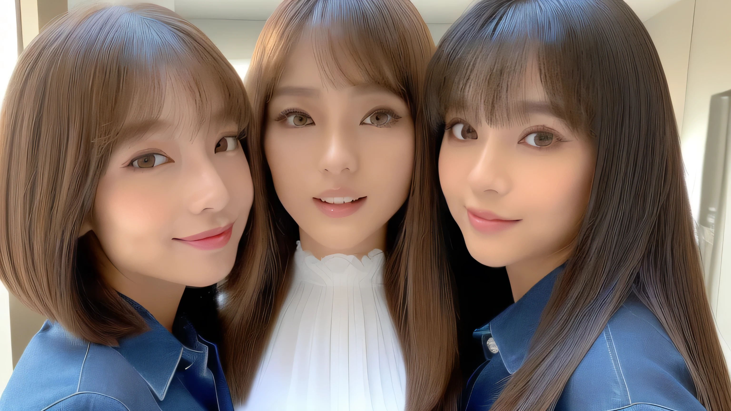 (((A frontal shot of three close sisters walking side by side in the same space)))　highest quality, masterpiece, Familiar　Get used to it　Perfect Face　((The 24-year-old woman in the center is wearing sexy clothing., Professional makeup..　Bangs are the perfect hime cut　Her highest quality and most detailed hair is jet black, Very long, Straight hair that stretches endlessly and seems to reach the ground.　Narrow eyes and narrow face、Dignified features　expensive、Have a typical Japanese body type　Excessive breasts:1.3　Japanese skin tone and ultra-precise skin　Her smile is sexy　Very beautiful teeth　She is wearing a long black pleated skirt and a white blouse　Look straight ahead and at the viewer　highest quality　masterpiece　Get used to it　Rich 1.4　Extremely detailed 8K　Ultra-fine skin texture 1.4　Actual, Vibrant:1.4,　double eyelid　Sharp focus:1.2、Beautiful woman:1.4))　((The 21-year-old second daughter on the left is cute.., Professional makeup.　Uneven bangs and princess cut　Her hair is light brown、Very long wavy hair　Large Breasts:1.3　Average height and typical Japanese buildよりややスリム　Ultra-precise reproduction of typical Japanese skin and color　I laughed out loud when I saw my third daughter..　Wearing blue jean hot pants and a blue collared shirt　Your teeth are so beautiful　highest quality　masterpiece　Get used to it　Rich 1.4　Extremely detailed 8K　Ultra-fine skin texture 1.4　Actual, Vibrant:1.4　 double eyelid　Sharp focus:1.2、Beautiful woman:1.4))　((The 18-year-old third daughter on the right has perfect  face makeup...　Her bangs are perfectly aligned、Hanging straight down.　Her hairstyle is cute, Perfectly straight, Shoulder-length bob cut　Large Breasts:1.3　Average height and typical Japanese build　Japanese skin tone and ultra-precise skin　She was shocked by her second daughter.、I was surprised to see my second daughter.。.:1.Formula 1　she is wearing a white dress　Your teeth are so beautiful　highest quality　masterpiece　Get used to it　Rich 1.4　Extremely detailed 8K　Ultra-fine skin texture 1.4　Actual, Vibrant:1.4　 double eyelid　Sharp focus:1.2、Beautiful woman:1.4))　Random Location　RAW photos taken by professional photographers using SLR cameras　Dynamic Lighting
