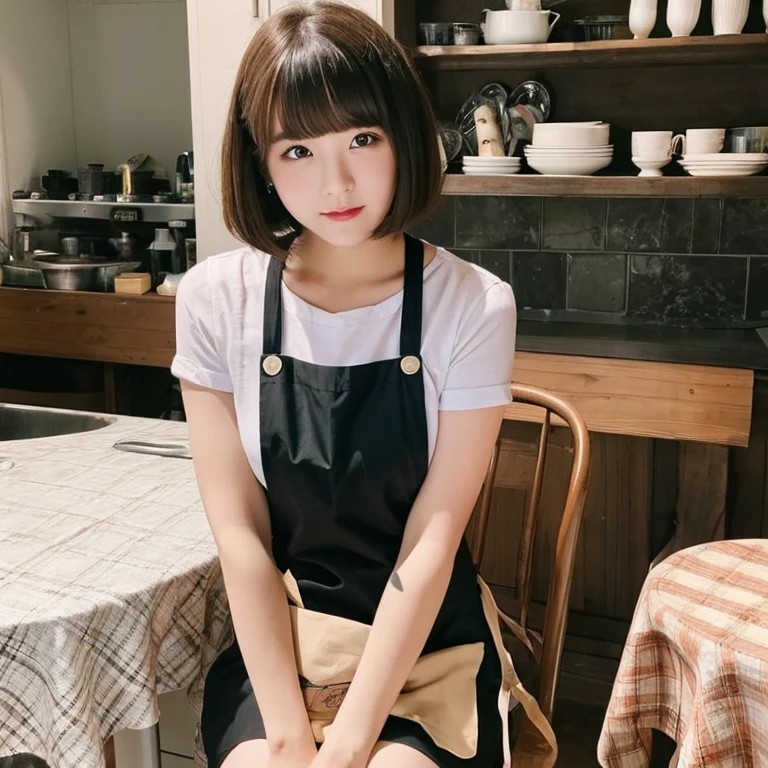 A beautiful woman with a bob haircut and a round face.、She seems to have a devilish, sadistic side.、Wearing an apron、Sitting in a chair。Your hands are beautiful。Hands on knees。A little angry、I&#39;m giving a sermon。
