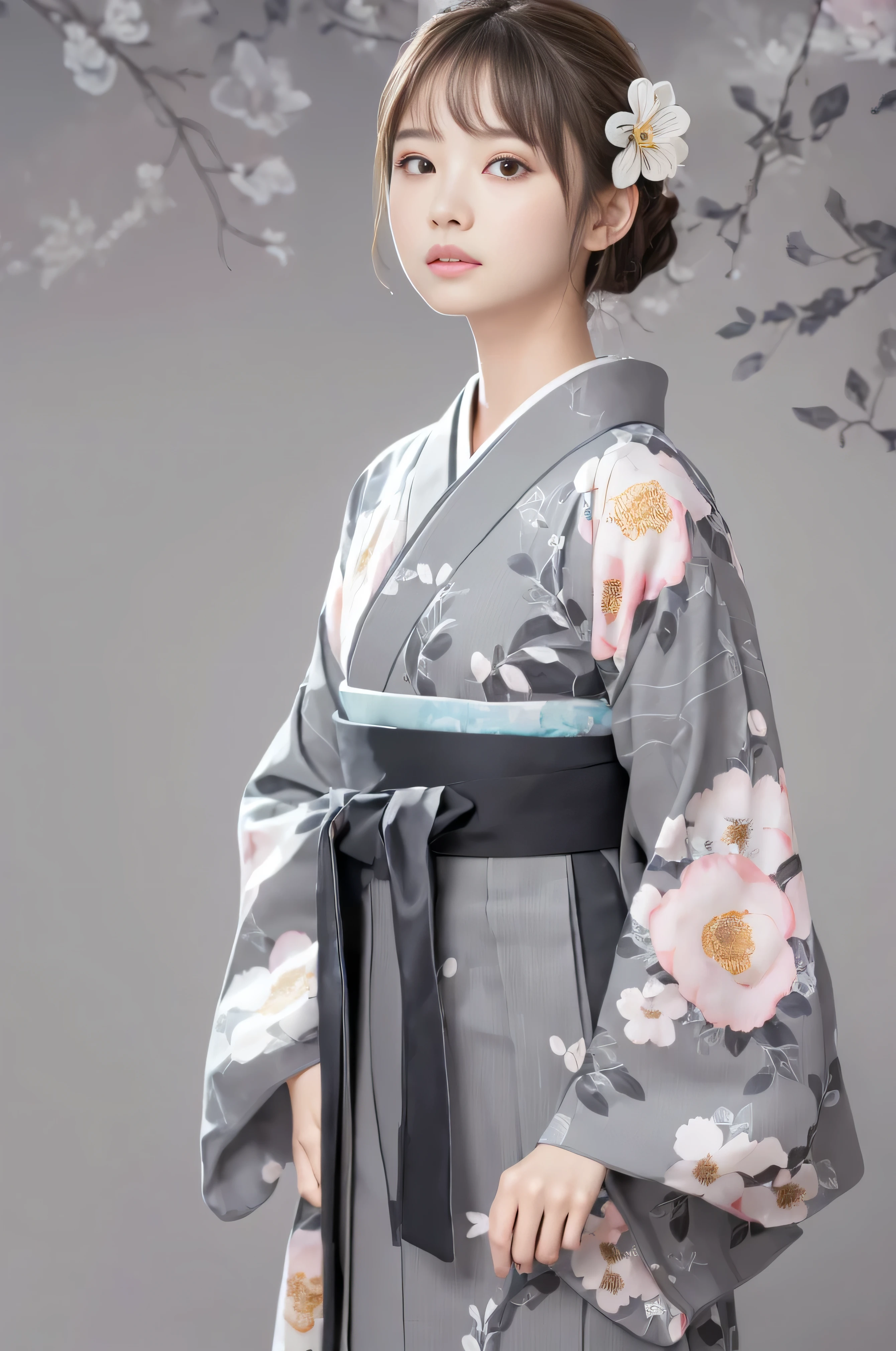 (((gray floral background:1.3)))、highest quality, Tabletop, High resolution, (((One Girl))), ,(((Eyes are grey:1.3)))、Gray kimono、((Beautiful Gray Kimono)), Tyndall effect, Realistic, Shadow Studio,Ultramarine Lighting, Dual Tone Lighting, (High Definition Skins: 1.2)、Pale colored lighting、Dim lighting、 Digital SLR, photograph, High resolution, 4K, 8k, Background Blur,Fade out beautifully、gray flower world