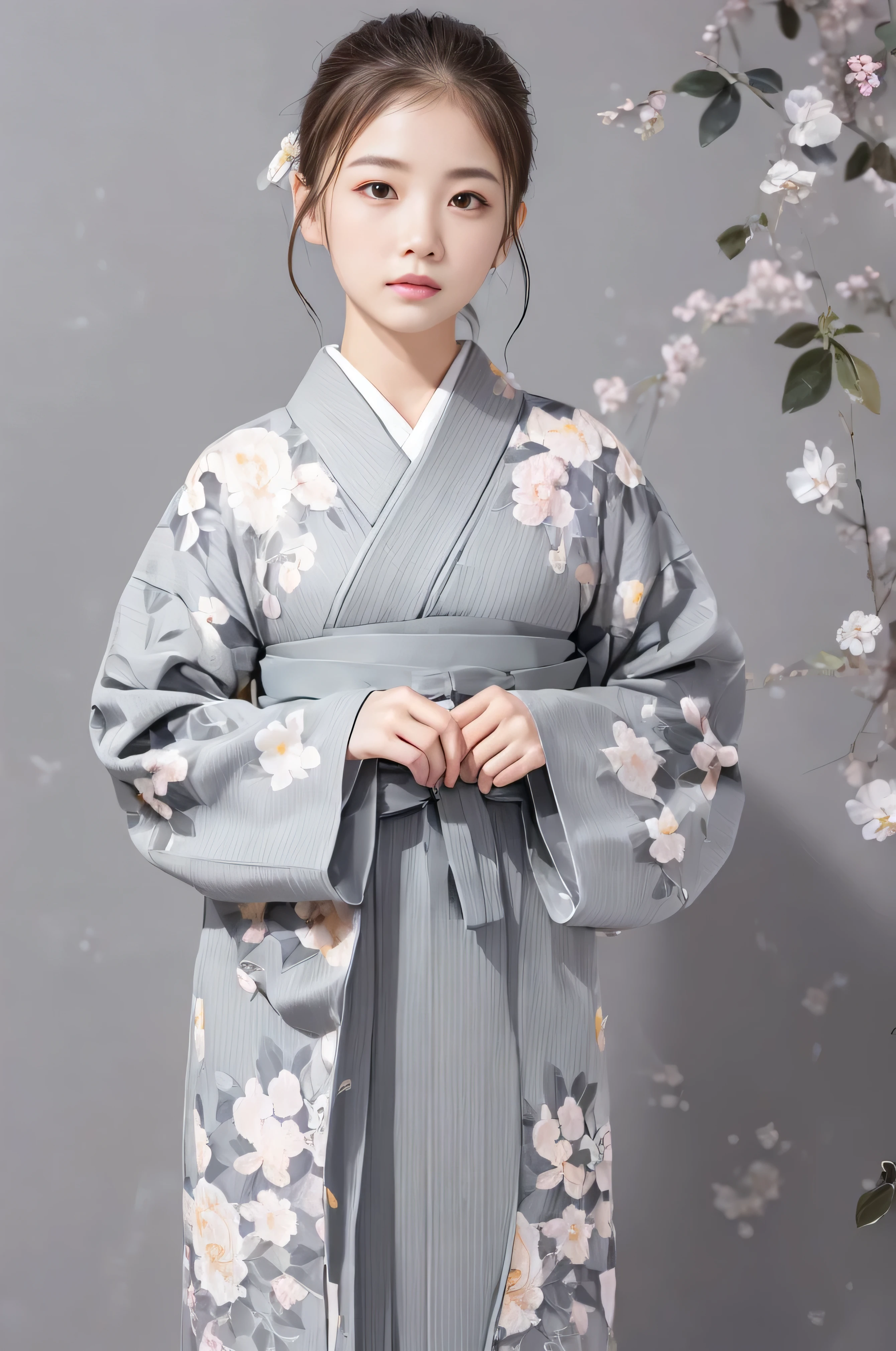 (((gray floral background:1.3)))、highest quality, Tabletop, High resolution, (((One Girl))), 16 years old,(((Eyes are grey:1.3)))、Gray kimono、((Beautiful Gray Kimono)), Tyndall effect, Realistic, Shadow Studio,Ultramarine Lighting, Dual Tone Lighting, (High Definition Skins: 1.2)、Pale colored lighting、Dim lighting、 Digital SLR, photograph, High resolution, 4K, 8k, Background Blur,Fade out beautifully、gray flower world