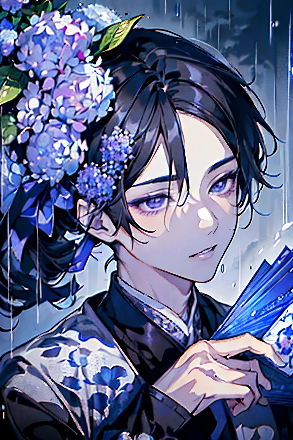 ((boy around 18 years old)),(Black Hair:1.3),(Long Hair:1.3),(Chinese style single layer costume),(Blue and purple and grey),(Close-up of face:1.25),(rain:1.2),(Hydrangea and many other flowers々:1.2),(Brush and Scroll:1.3),(smile:1.2),((Arcana card style:1.35))