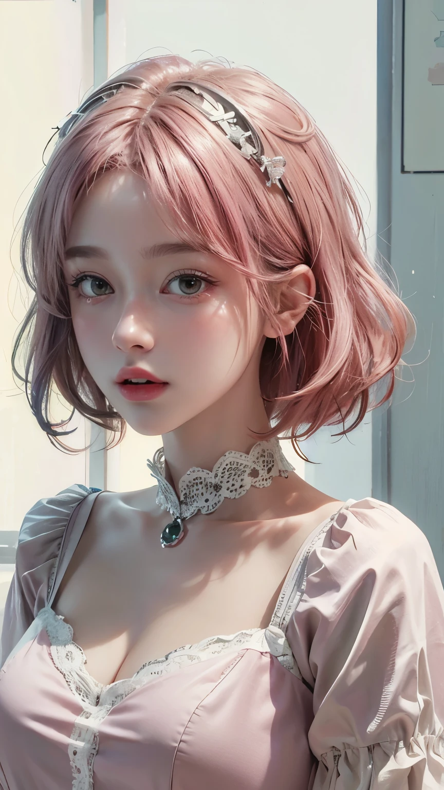 (8k, highest quality, masterpiece: 1.4), Very detailed, highest quality, Ultra-high resolution, Written boundary depth,(Realistic:1.4,RAW shooting,)Ultra-Realistic Capture,(Very detailed,High definition 16K), cute, girl, short hair, Pink Hair, refresh, clear