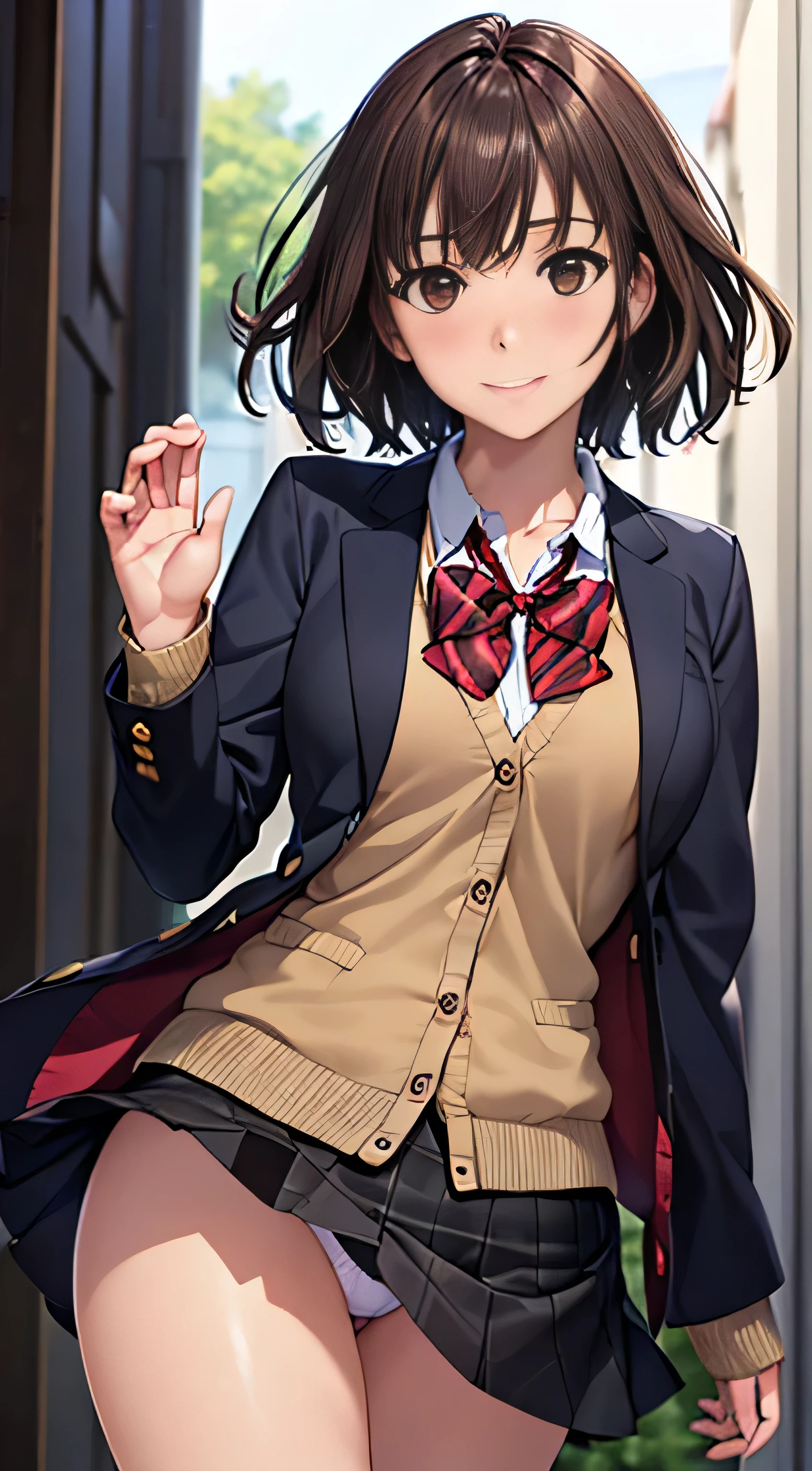 ((Tabletop, highest quality, High resolution, , Perfect Pixel, 4K,))), 1 high school girl, single, alone, Beauty、The whole body is visible、 ((Mid-wave hair, bangs, Brown Hair)), ((Brown eyes, Beautiful eyelashes, Realistic eyes)), ((Detailed face, Blushing:1.2)), ((Smooth texture:0.75, Realistic texture:0.65, Realistic:1.1, Anime CG Style)), Medium chest, Dynamic Angle, Perfect body, ((Red bow tie, , Black jacket, Open jacket, Brown cardigan, White shirt, Black Skirt, Checked skirt)), 、、Very embarrassing panic smile, looked back、Leaning forward、The wind makes all of my panties visible、Touch your buttocks with both hands、Pink and white floral lace panties、Angle from below)、