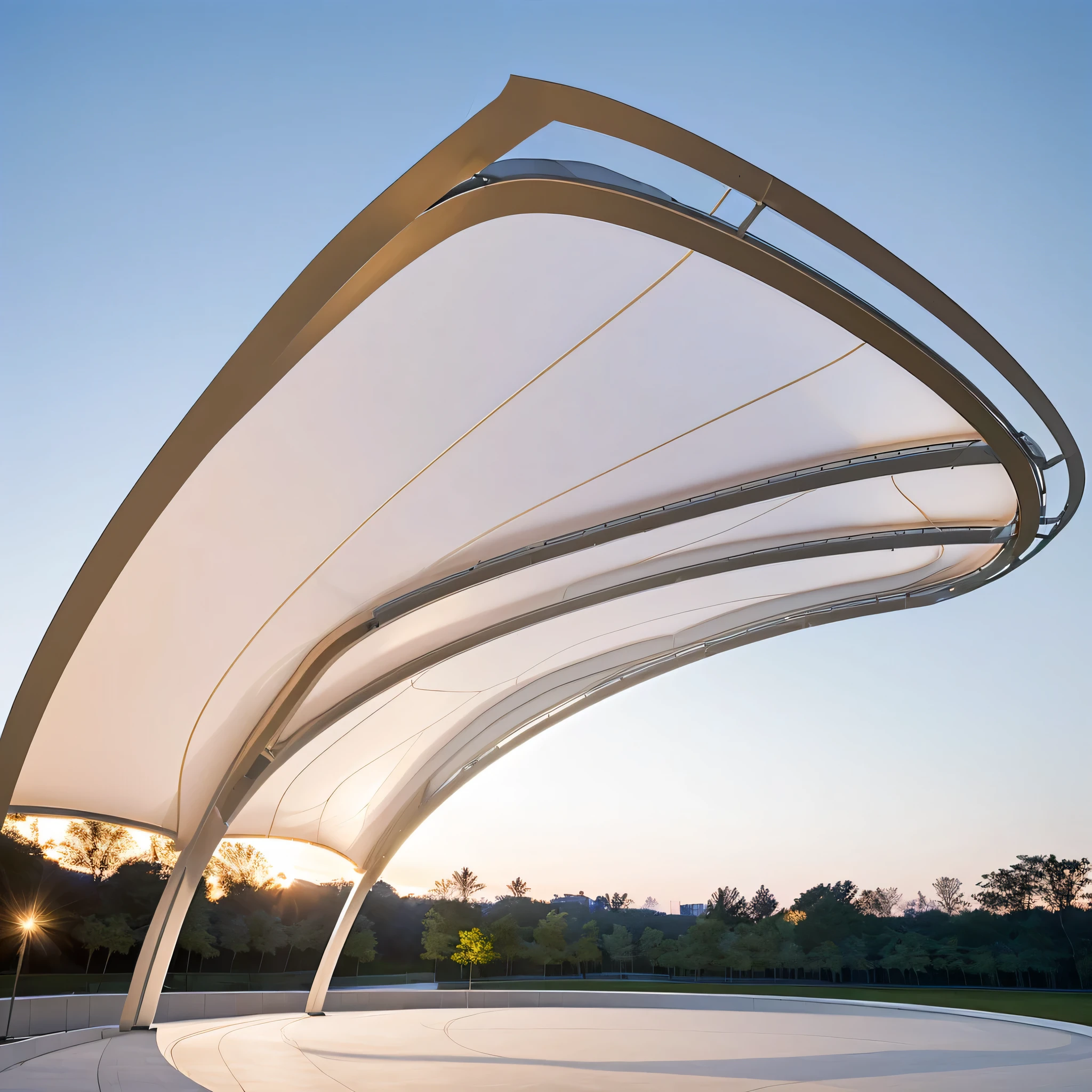 There is a huge curved structure,With glass roof, overhead Canopy, golden curve structure, Covered outdoor stage, High-quality architectural art, Canopy, Web portals. Zaha Hadid, Award-winning shadows, tent architecture, pavilion, Awesome Award Winning, tree building, Smooth curvature design, Canopies, foster and partners, Moonlight Rendering