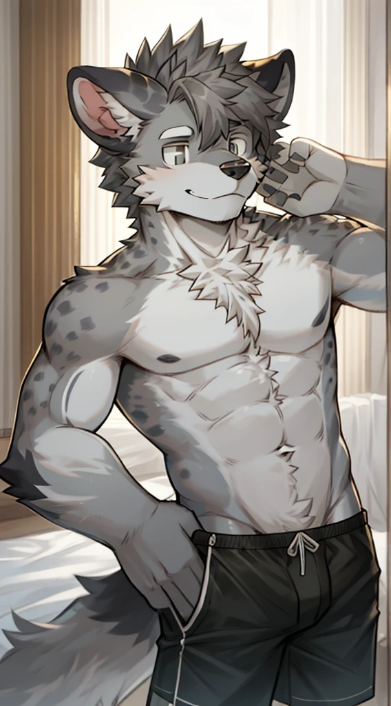 Hyena Boy,Gray fur,Topless, mammal, hairy,Gray Eyes,upscale hotel,Black swimming trunks quality