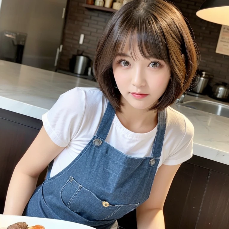 A beautiful woman with a bob haircut and a round face.、She seems to have a devilish, sadistic side.、Wearing an apron、Sitting in a chair。Your hands are beautiful。Hands on knees。A little angry、I'm giving a sermon。