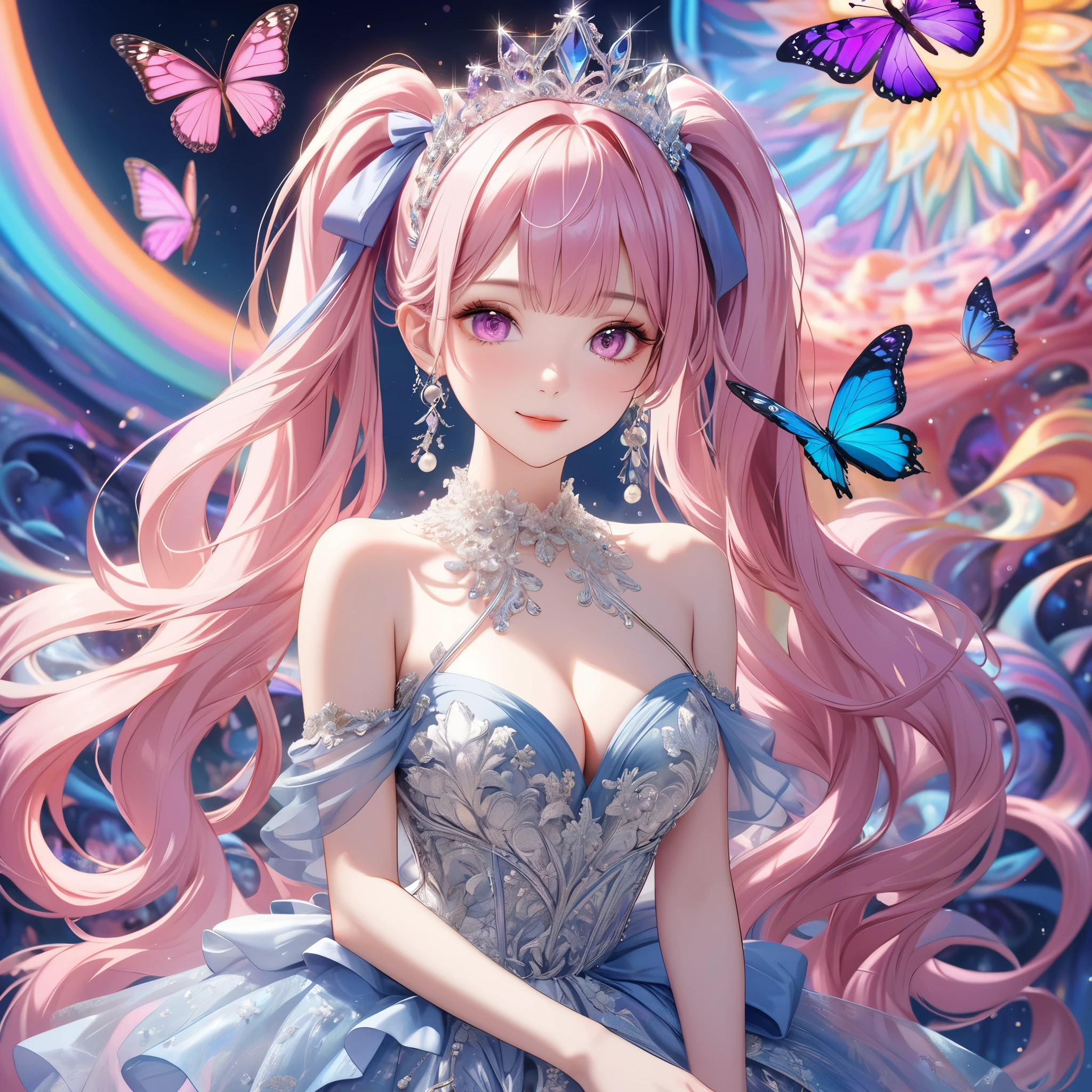 (8K, masutepiece, Highest Quality, Best Quality, Official art, Breathtaking beauty and aesthetics, A highly detailed, The best masterpiece in history that exceeds limits, Breathtaking and beautiful lighting:1.2), (1 Girl, Solo), (16 years old), (Beautiful detailed face), (shiny white skin), (Beautiful big bust, cleavage:1.3), (Beautiful detailed pink twintails hair, Bangs:1.3), (beautiful detailed drooping pink eyes:1.5), (Beautiful Luxurious blue Princess Dresses, See-through intricate lace, black cute bow ribbon, a lot of see-through frill, sheer chiffon material, silver thread, Diamond, pearl, corset), (Beautiful Luxurious Diamonds Tiara), (happy Beautiful Gentle cute innocent smile:1.2), (sensational, Attractive, amazing, Beautiful, Elegant, Luxurious, magnifica, Eye-catching, Graceful, Everyone loves it, Healed, cute like an idol, Stylish like a fashion model, Goddess-like grace, Look at the camera), breathtaking scenery, (ultra detailed realistic Breathtakingly beautiful mysterious fantastic Kaleidoscope, psychedelia, abstract art, mysterious purple butterfly:1.2),
