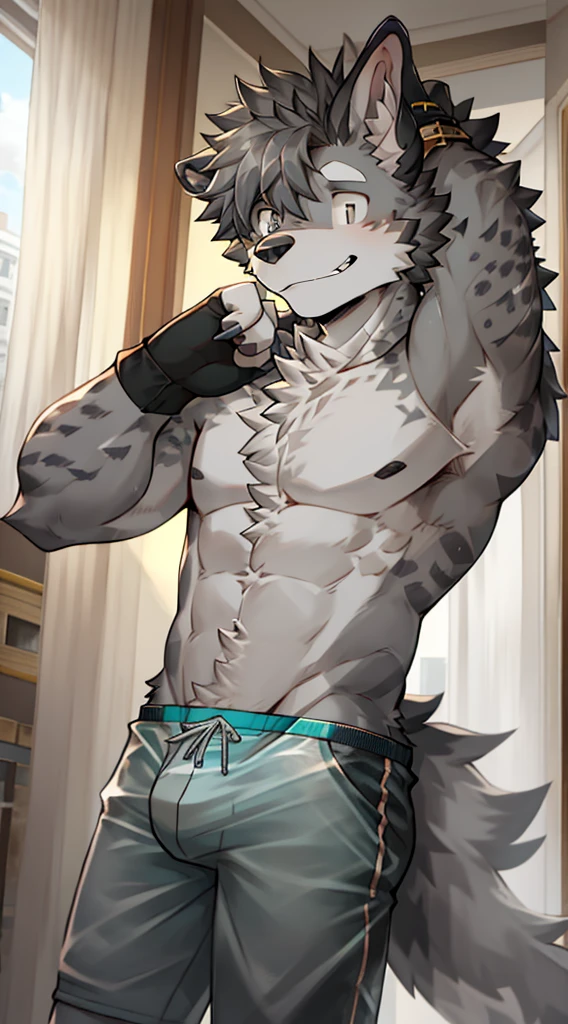 Hyena Boy,Gray fur,Topless, mammal, hairy,Gray Eyes,upscale hotel,Transparent swimming trunks quality,black fingerless gloves