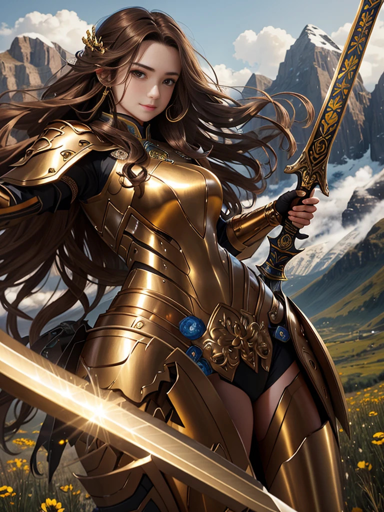 Ultra-high resolution、Ultra-high quality、8k、Nuanced expression、Steel beauty、fit、Brown hair long curly hair、Wearing golden metal armor、With a big sword、Come on、still々Smile、Mountain meadow landscape