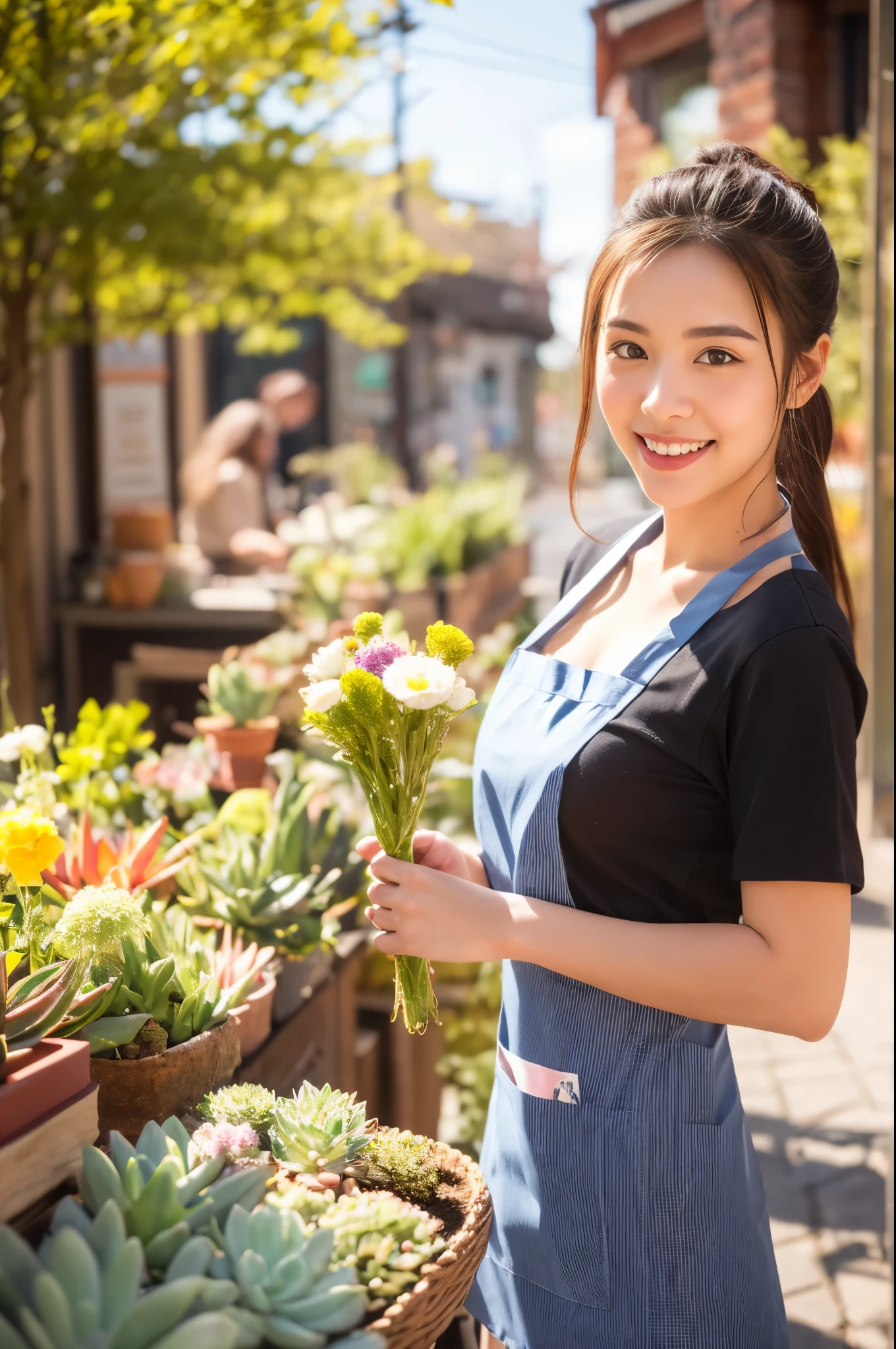 ((masterpiece,best quaLightingy 1.4)), (8k,RAW Photos:1.2), (Realistic,photo Realistic:1.4), Ultra-high resolution , (Highly detailed 8k wallpaper) ,Japanese Idols, Japanese actress, Japanese, very cute, Big eyes, Highly detailed eyes and face, Beautiful eyes in every detail,Shiny skin,Portraiture,(ponytail :1.2),(smile:1.3) ,(Holding a bouquet:1.2),Lighting, Sharp focus, Written boundary depth , (Dynamic Angle:1.4 ). Blur the background, Bokeh, (apron:1.3) ,A small flower shop bathed in spring sunlight, Colorful flowers lined up. In front of the shop, Vibrant bouquets and hanging succulents on display... The background is cobblestones and old-fashioned streetscapes..