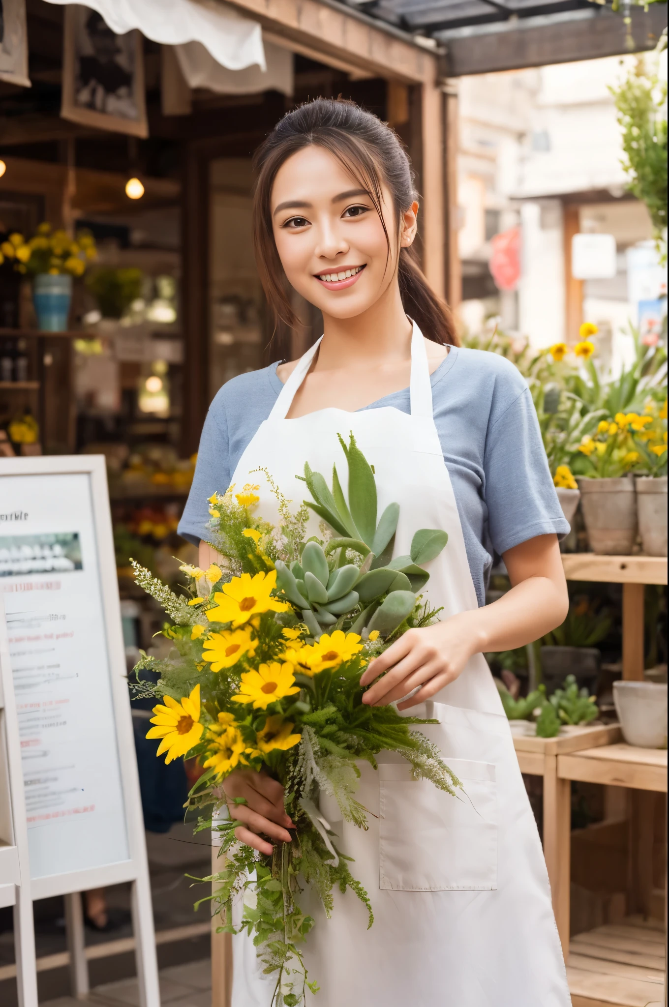 ((masterpiece,best quaLightingy 1.4)), (8k,RAW Photos:1.2), (Realistic,photo Realistic:1.4), Ultra-high resolution , (Highly detailed 8k wallpaper) ,Japanese Idols, Japanese actress, Japanese, very cute, Big eyes, Highly detailed eyes and face, Beautiful eyes in every detail,Shiny skin,Portraiture,(ponytail :1.2),(smile:1.3) ,(Holding a bouquet:1.2),Lighting, Sharp focus, Written boundary depth , (Dynamic Angle:1.4 ). Blur the background, Bokeh, (apron:1.3) ,A small flower shop bathed in spring sunlight, Colorful flowers lined up. In front of the shop, Vibrant bouquets and hanging succulents on display... The background is cobblestones and old-fashioned streetscapes..