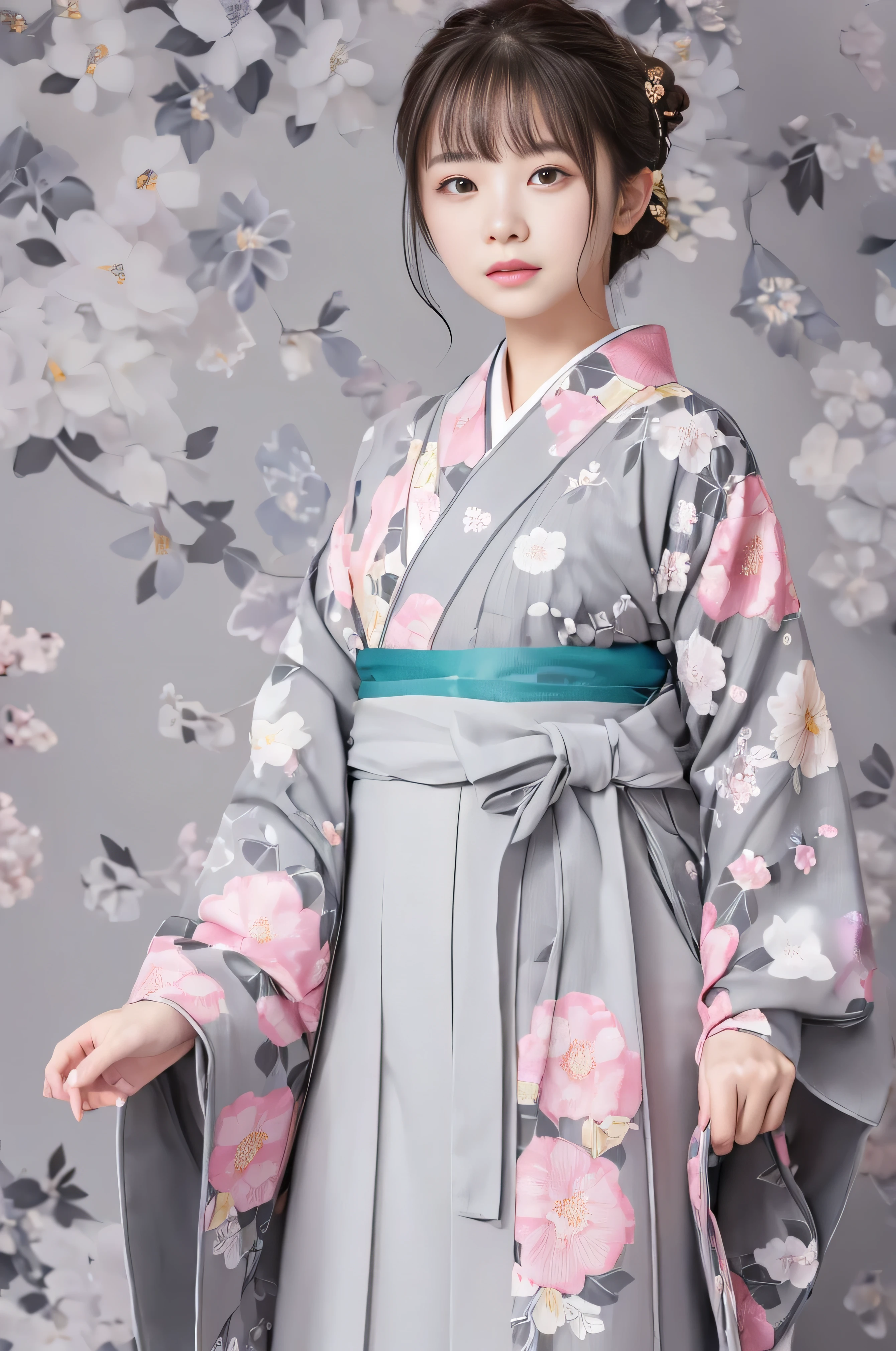 (((gray floral background:1.3)))、highest quality, Tabletop, High resolution, (((One Girl))), ,(((Eyes are grey:1.3)))、Gray kimono、((Beautiful Gray Kimono)), Tyndall effect, Realistic, Shadow Studio,Ultramarine Lighting, Dual Tone Lighting, (High Definition Skins: 1.2)、Pale colored lighting、Dim lighting、 Digital SLR, photograph, High resolution, 4K, 8k, Background Blur,Fade out beautifully、Pink flower world