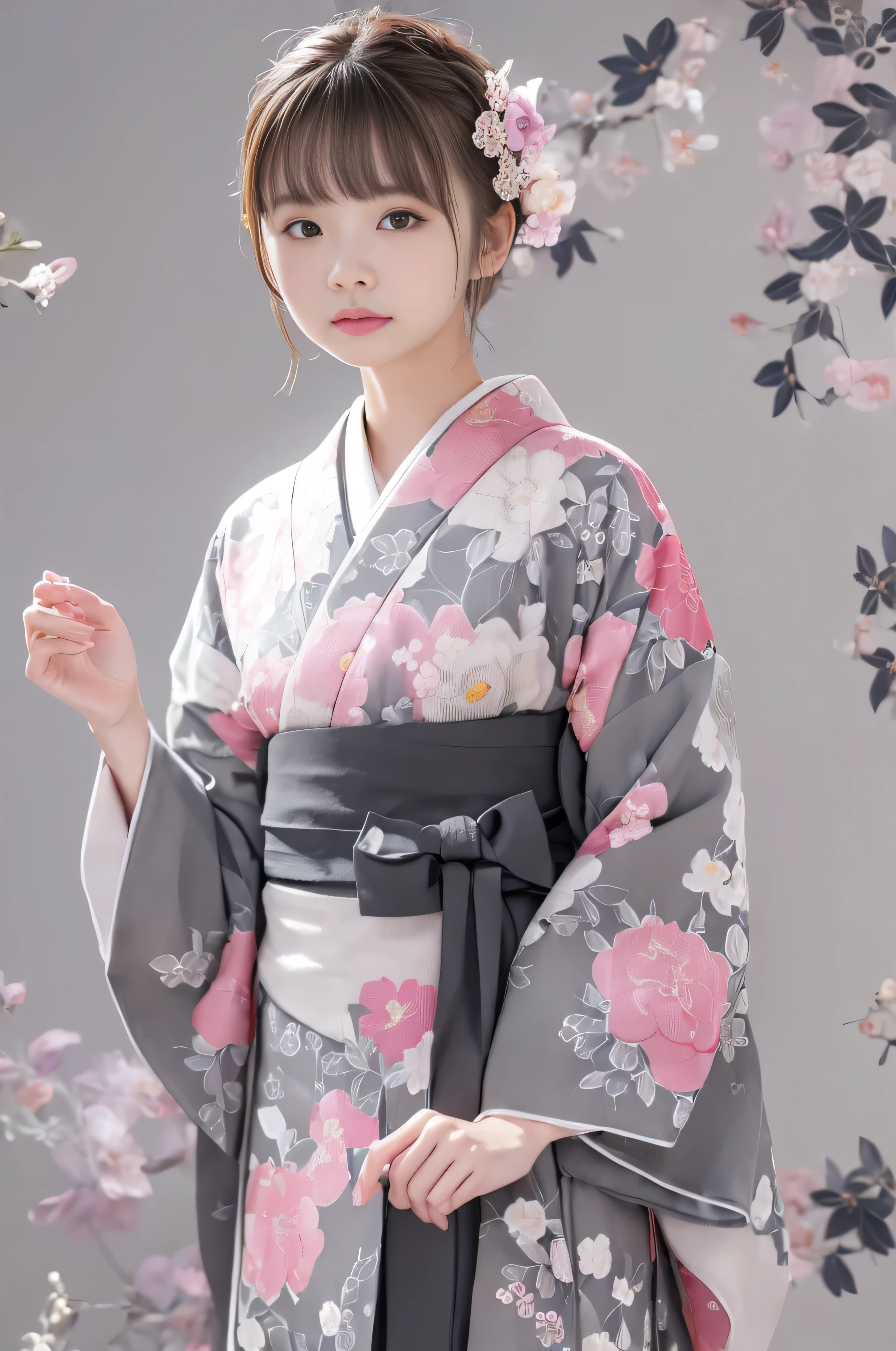 (((gray floral background:1.3)))、highest quality, Tabletop, High resolution, (((One Girl))), 16 years old,(((Eyes are grey:1.3)))、Gray kimono、((Beautiful Gray Kimono)), Tyndall effect, Realistic, Shadow Studio,Ultramarine Lighting, Dual Tone Lighting, (High Definition Skins: 1.2)、Pale colored lighting、Dim lighting、 Digital SLR, photograph, High resolution, 4K, 8k, Background Blur,Fade out beautifully、Pink flower world