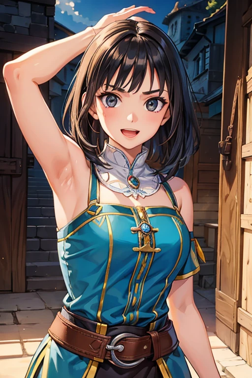 masterpiece, highest quality, One girl,Very detailed,Ukrainian facial structure,Rin々Nice face,Open Mouth Smile,Adventurer Uniform,Medieval Europe,Dynamic Action,Medium Hair,Show your armpits, Natural Beauty,Black eyes,European facial structure,The dignity of a hero,