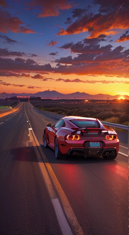 arafed red sports car driving down a highway at sunset, automotive photography, highway and sunset!!, environmental shot, by Wayne England, sunset lighting 8k, going forward to the sunset, sports car, vehicle photography, wallpaper mobile, art deco outrun anime aesthestic, outrun art style, red and cinematic lighting, outrun, rendered in lumion pro