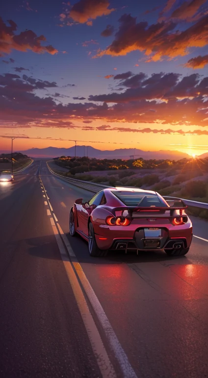 arafed red sports car driving down a highway at sunset, automotive photography, highway and sunset!!, environmental shot, by Wayne England, sunset lighting 8k, going forward to the sunset, sports car, vehicle photography, wallpaper mobile, art deco outrun anime aesthestic, outrun art style, red and cinematic lighting, outrun, rendered in lumion pro