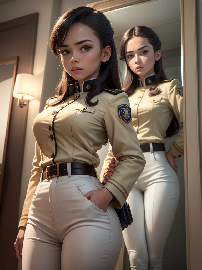 (1 Girl:1.4), (SFW), (wearing clothes), (masterpiece), illustration,(Practical:1.5), (Mirror lighting:1.4), (hyperPractical:1.2), (photoPractical face:1.2), (Perfect face), (best quality), (8k), (4K), photoPractical, Clear focus, Octane Rendering, best quality, Extremely detailed, Wheels within wheels, Super detailed, fantasy, soft light,(Small Breasts:1.4), (Dentate skin:1.3), Matilda Ajan from Gundam, Agent Matilda, Matilda Ajan, Look directly at the audience, Tan Uniform, Tan Uniform, Tight off-white pants, slim, Perfect body, Stand Up Straight, Military concerns, military salute, One hand down, Tan Officer, Sepia military jacket, Sepia buttoned jacket, Perfect hands, Officer&#39;s hat, Sepia hat, warm smile, Friendly smile, Gundam in the background, Auburn hair, One hand down, short hair, Thigh clearance