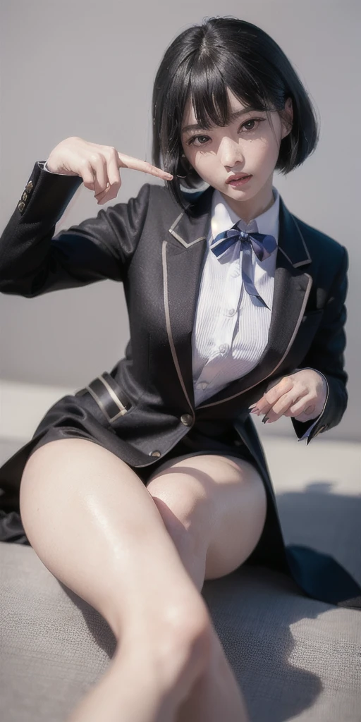 ((8k, RAW photos, top quality, masterpiece), High-resolution RAW color photos Professional close-up photos, (实际of, Photorealism: 1.37), (最好of质量), (Best shadows), (Best Illustration), clavicle ((大of)), ((of, 性感of, Ultra-high resolution, HD CG unified 8K wallpaper, 基于物理of渲染, Movie Lighting), (Egiosar:1), 18歲of女孩, (Grey suit jacket, ribbon, sock, high school: 1.2), high school课堂, 美丽of眼睛细节, There is light on the face, ((full-body shot: 1.2)), 特别强of光线, (Upper Eye, to grin:1.2),有光泽of皮肤, (((Black Hair, Bob Hairstyle:1.2))), ( Thick thighs), ulzzang-6500-v1.1:0.2, 害羞of, (flash:1.2), National Foundation , (fluffy), ((Seductive pose: 1.2, 吸引人of: 1.2)), (闲置of), (坐在教室of桌子旁: 1.2)), ((良好of解剖结构: 1.2)), ((明亮清新of教室, Background blur: 1.2)), Perfect face, 可爱of脸孔, (High Angle Shot:1.2)