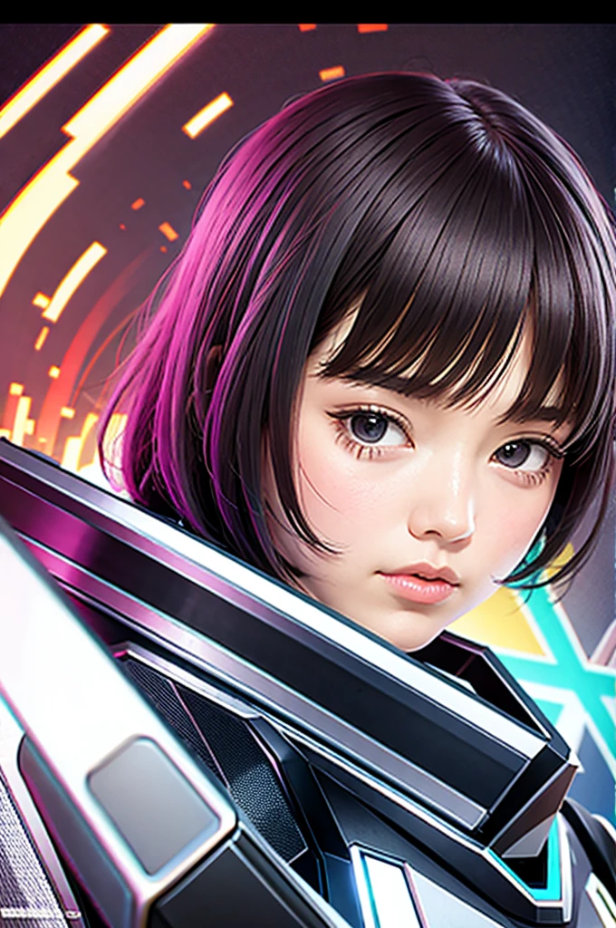 Close-up:A cute girl mecha anime mixed with organics,Dress in extremely detailed futuristic cyberpunk costumes,With a gun, The Opai of Biomechanics, Wallop, H's sci-fi aesthetics.R Giger Style, 8k high quality detailed art, perfect, Developed with Unreal Engine 5, Ultra-clear focus, Alberto Seveso (Alberto Seveso) Artworks, Energetic & Complex artwork, perfect pearly tanned wet skin with pores (Short Haircut Bob with Colored Bangs) ((perfect face shapes, full perfect red lips, perfect nose, Correction of beautiful eyes, eyelash, Textured iris facial details in ZBrush))