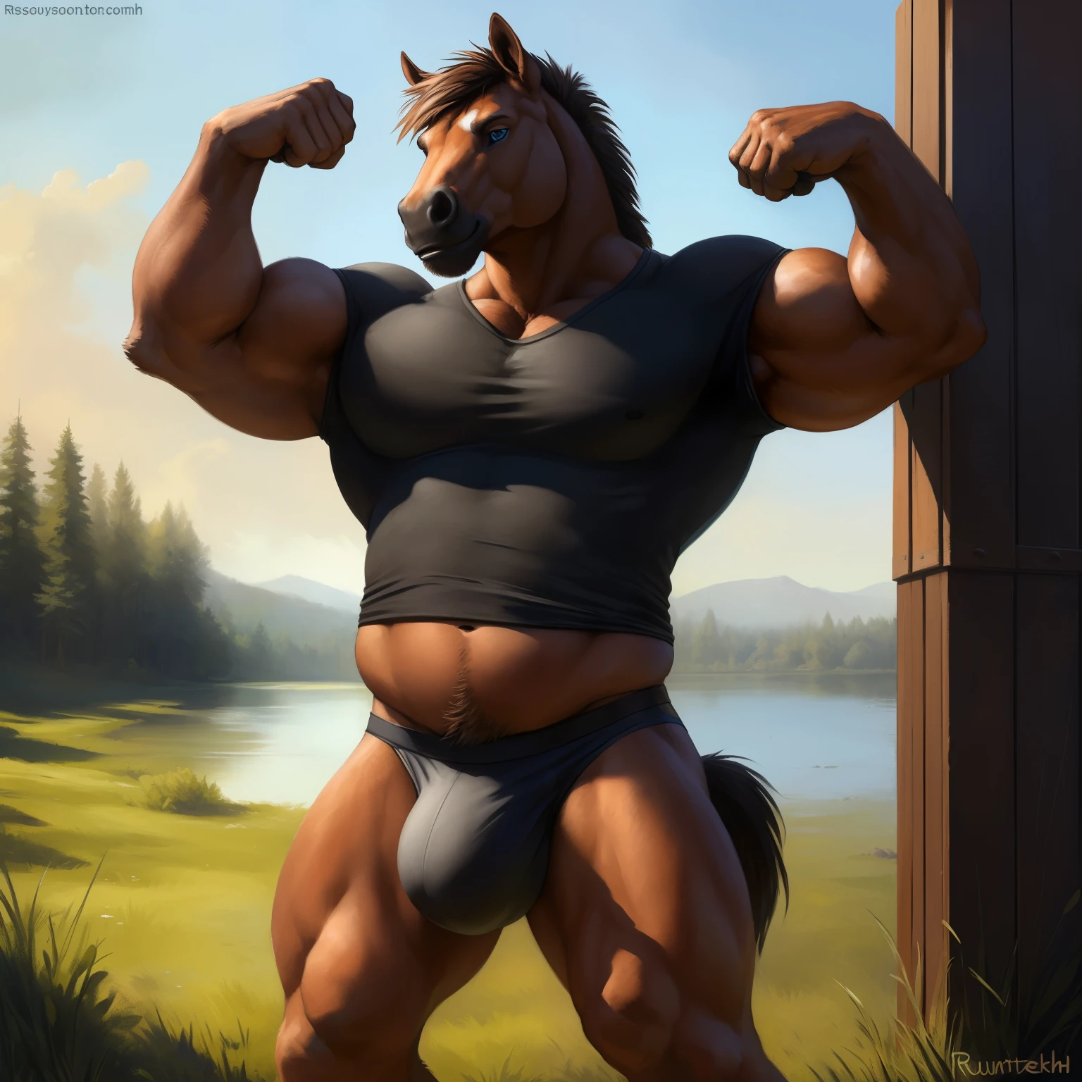 solo, ultra detailed), a beautiful and detailed full size portrait of a male anthro horse, stallion, ((brown body, dark skin)), big body, adult, mature, fur, non-mammal breasts, looking at viewer, blue eyes, bedroom_eyes, detailed background, looking at viewer, detailed eyes, sexy body, tan_countershading, tan body, goddess, kenket, Ross Tran,ruan jia, trending on artstation,foxovh, cenematic lighting, big pecs, buff, muscular, ((black sports shirt, black underwear, big bulge)), ((front view)), big butt, ((standing, open legs, flexing)), outside, field, fence, lake,
