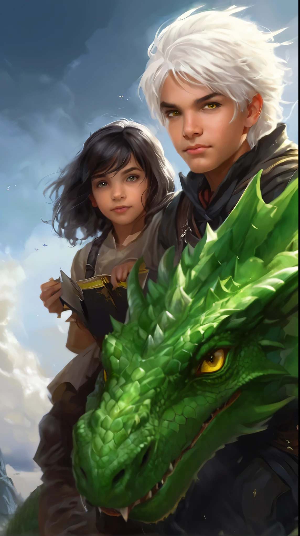 realizm, 8 years, a boy with white hair, green eyes and a girl with yellow eyes, with dark hair, children flying on the back of a green dragon, book portrait in the RPG genre, portrait from "Dungeons and Dragons", fantasy portrait, fantasy book illustration, graphic artist Magali Villeneuve, author's portrait in faces, concept art fantasy portrait, realistic fantasy illustration, portrait, epic role portrait, bottom portrait, role portrait.