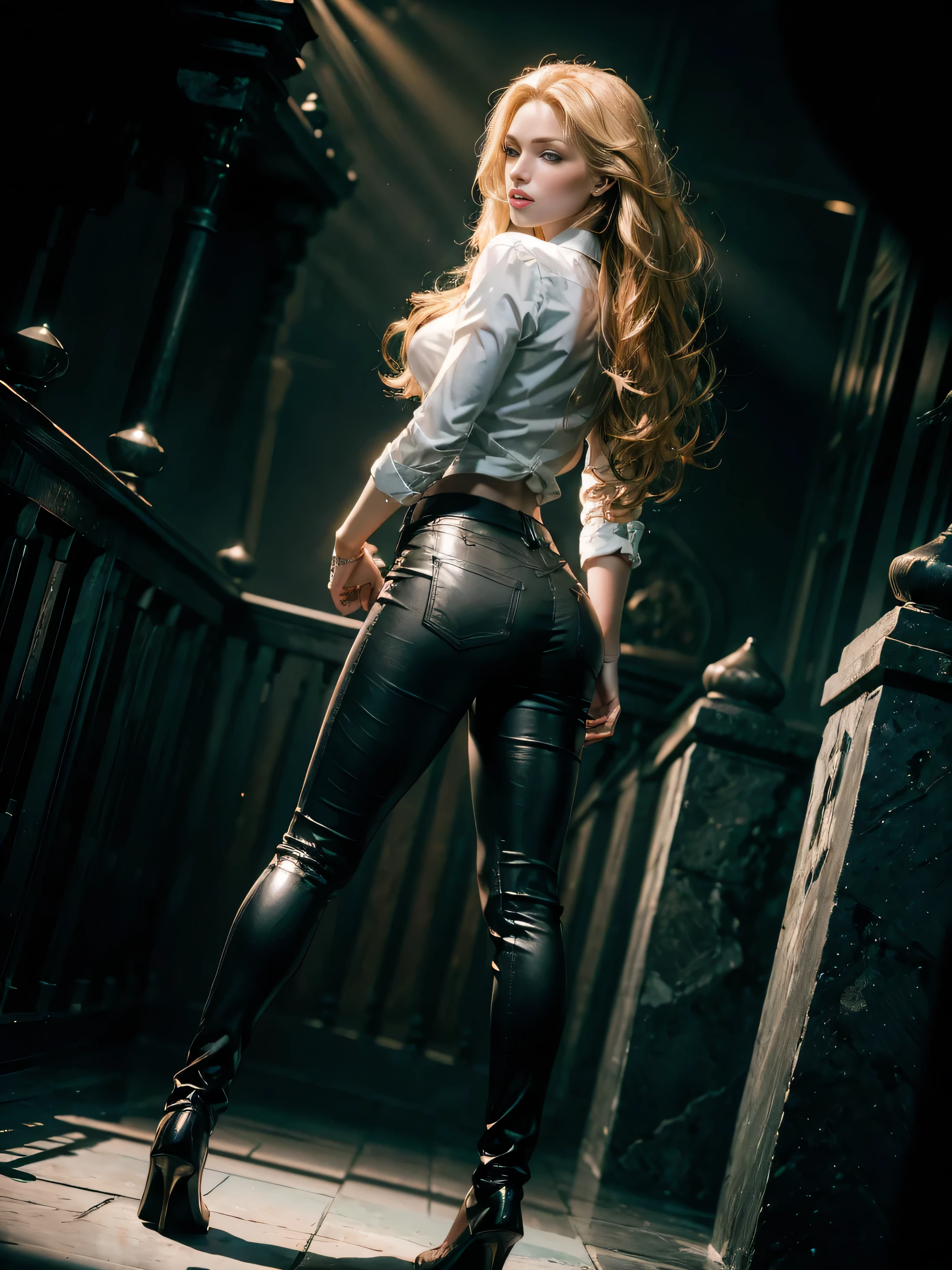 Full body deep shadow, sinister, award winning photo, best quality, masterpiece, upper body, woman, freckled face, windblown blonde hair, emerald eyes, by Antonio J. Manzanedo, by lee jeffries nikon d850 film stock photograph 4 kodak portra 400 camera f1.6 lens rich colors hyper realistic lifelike texture dramatic lighting unreal engine trending on artstation cinestill 800, volumetric lighting, particles, god rays, 1girl, beautiful girl, long white hair, long straight hair, middle parted hair, leather pants, tight brown leather pants, stitched leather pants, white shirt, ruffled white shirt, white deep neck shirt, loose ruffled shirt, thick thighs, black pants, princess, warrior, outside, forest, simple shirt, intense gaze, scowling, rapier, pale, white, light on skin, light illuminating skin (dinamic angle:1.5), (from back:1.3), beautifull ass