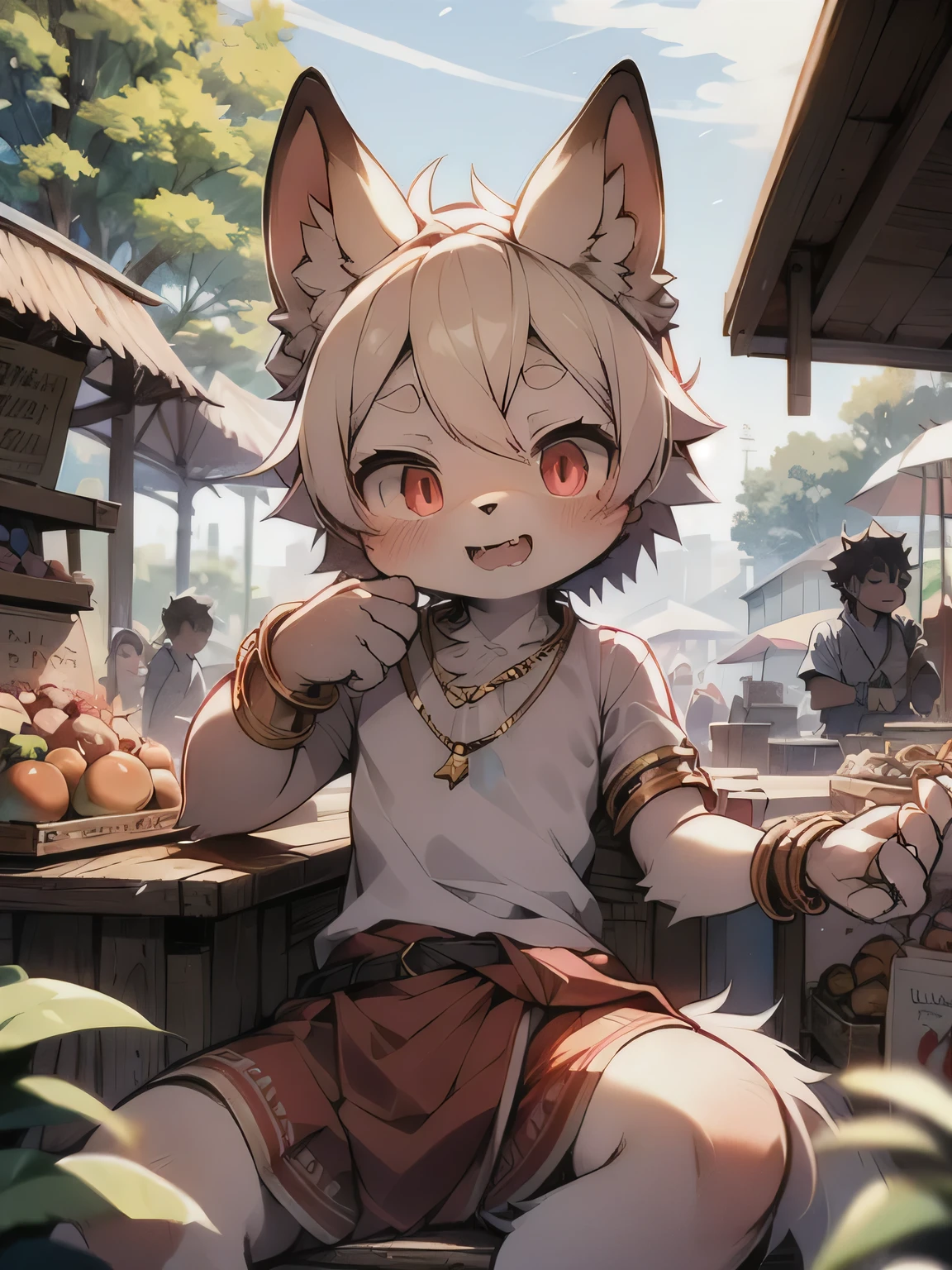 rest, Masterpiece, high resolution, 8k, Detailed background, high quality, rest, rest, (fur, black sclera, Red Eyes, Fluffy fur, Detailed fur)) hairy, shattered, male, Boys, Humanoid, Fig Leaves, Loincloth (Ancient Greek Architecture, market, necklace, bracelet), Solitary, (By Dagasi: 1.1)