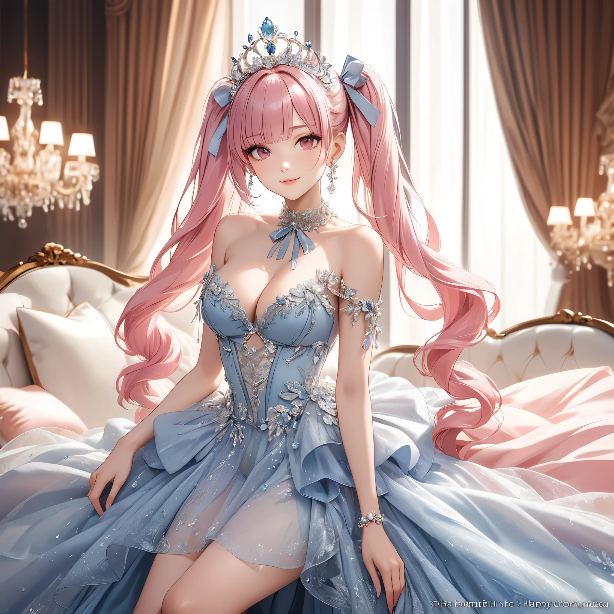 (8K, masutepiece, Highest Quality, Best Quality, Official art, Breathtaking beauty and aesthetics, A highly detailed, The best masterpiece in history that exceeds limits, Breathtaking and beautiful lighting:1.2), (1 Beautiful Girl, Solo), (), (Beautiful detailed face), (shiny white skin), (Beautiful big bust, cleavage:1.3), (thighs), (Beautiful detailed pink twintails hair, Bangs:1.3), (beautiful detailed adolable drooing pink eyes:1.3), (Beautiful Luxurious blue Princess Dresses, See-through intricate lace, black cute bow ribbon, a lot of see-through frill, sheer chiffon material, silver thread, Diamond, pearl, corset), (Beautiful Luxurious Diamonds Tiara), (happy Beautiful Gentle cute innocent smile:1.2), (Attractive, amazing, Beautiful, Elegant, Luxurious, magnifica, Eye-catching, Graceful, Everyone loves it, Healed, cute like an idol, Stylish like a fashion model, Goddess-like grace, Look at the camera, cute pose, Happy), breathtaking scenery, looking back, (ultra detailed realistic Breathtakingly beautiful Luxurious room:1.2),