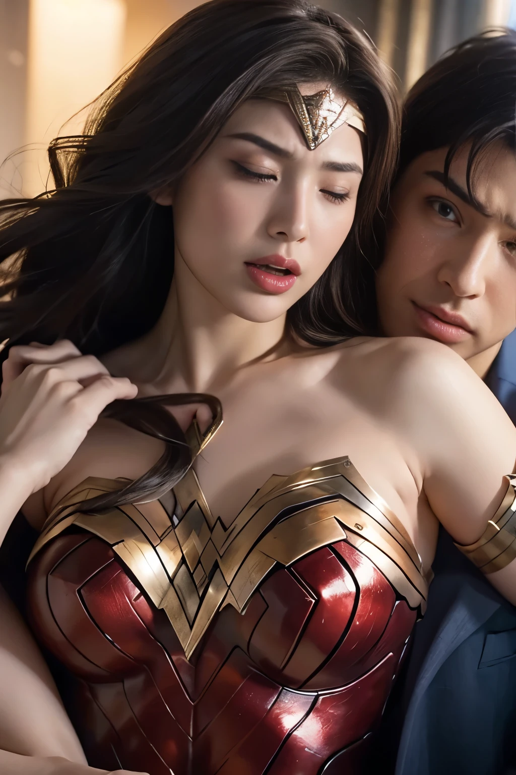 私はWonder Womanです、完璧なWonder Womanの衣装，On all fours,Hug from the front,お姫様Hugged,Hugged,Being strangled,You can hold it，Leaning on the man，Hugged，Can be lifted，Men lick my face with their tongues,The guys lick my head with their tongues,Men lick my hair with their tongues,My body is licked by men,sleeping face,Close ~ eyes,Open your mouth,Tired face,Face of Suffering,sleeping face,Being slapped in the face,Getting punched in the face,Fighting with men,Fight with the men,Surrounded by men,,Caught between the men,Being held back by men,Entanglement with males, Attacked by men,Brown Hair,  masterpiece、beautiful girl、fine 目、puffy eyes、highest quality, 超High resolution, (reality: 1.4), Cinema Lighting,so beautiful、Beautiful Skin、(超reality的な)、(High resolution)、(8k)、(Very detailed)、(beautiful and fine 目)、(Very detailed)、 Detailed face、Diagonal bangle hair、Brown Hair、20-year-old、Wonder Womanのコスプレ，Wonder Woman