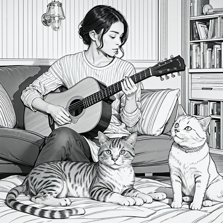 warm-toned drawing featuring a silhouette of a person with a cat on one side and a dog on the other. The person is playing a musical instrument, surrounded by subtle musical notes. In the background, incorporate cozy elements like books and a comfortable chair to represent introversion. Add small symbols of generosity, like a heart or hands offering help, to complete the representation of a cat and dog-loving, instrument-playing, introverted, and generous individual.