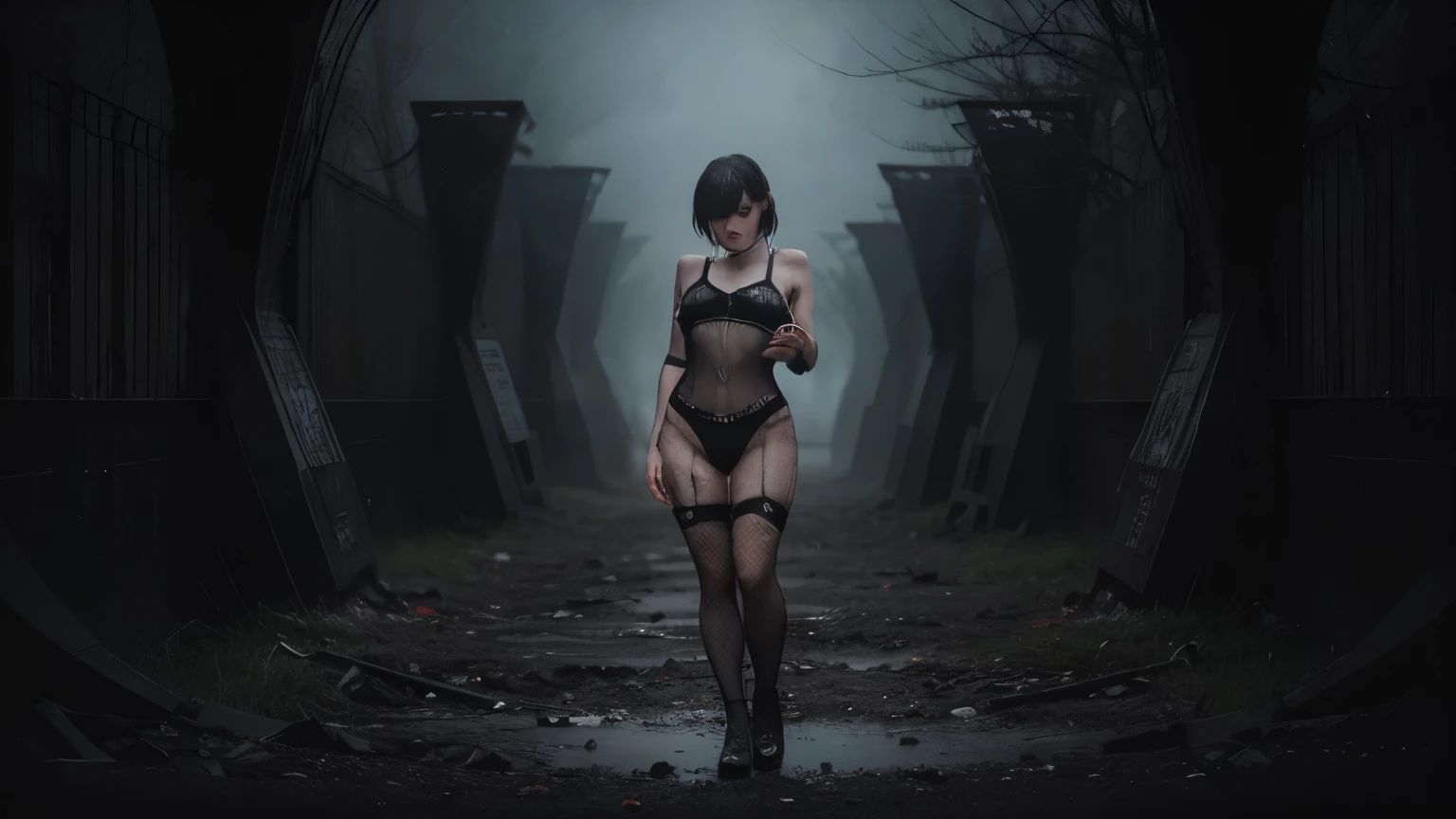 (Best Quality,hight resolution,Masterpiece, full body view:1.2),Ultra-detailed,woman dressed in black fishnet unitard,sickly,standing in a creepy foggy field, fishnet stockings, detailed fishnet unitard, half body shot, intricate high waisted black thong and bra visible through a fishnet unitard, centered subject,gloomy ecstasy,fetish,dark gloomy atmosphere, creepy atmosphere, gritty texture,Retro-atmosphere,warped reality,melancholic expression on his face,mysterious aura,foggy atmosphere,foggy background,Subtle color palette,provocative pose,Strong emotions,Coming Out of the Depths of Despair,Piercing gaze,intense shadows,Plunged in Darkness,dark industrial aesthetic,ominous vibe,A supernatural sensation,Loss of Place in Time and Space,Eerie silence.asymmetrical bangs, freckles, black short hair, Bangs, freckles, gray eyes,