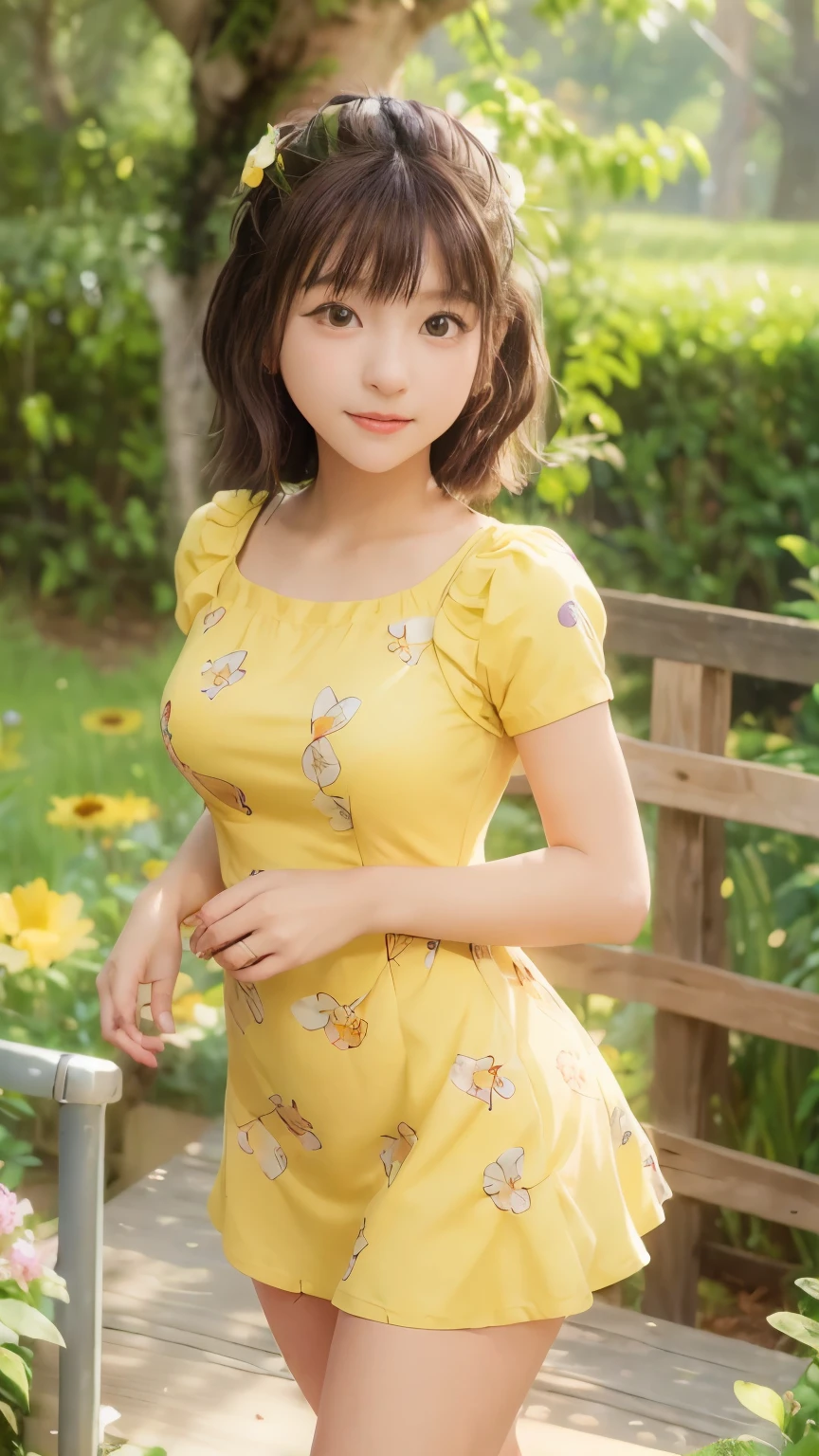 Anime portrait photo of a beautiful and cute age girl in the meadow, She is wearing a short yellow swirly flower-like dress, Attractive feminine shape, Beautiful thighs, Morning light, Disney Pixar