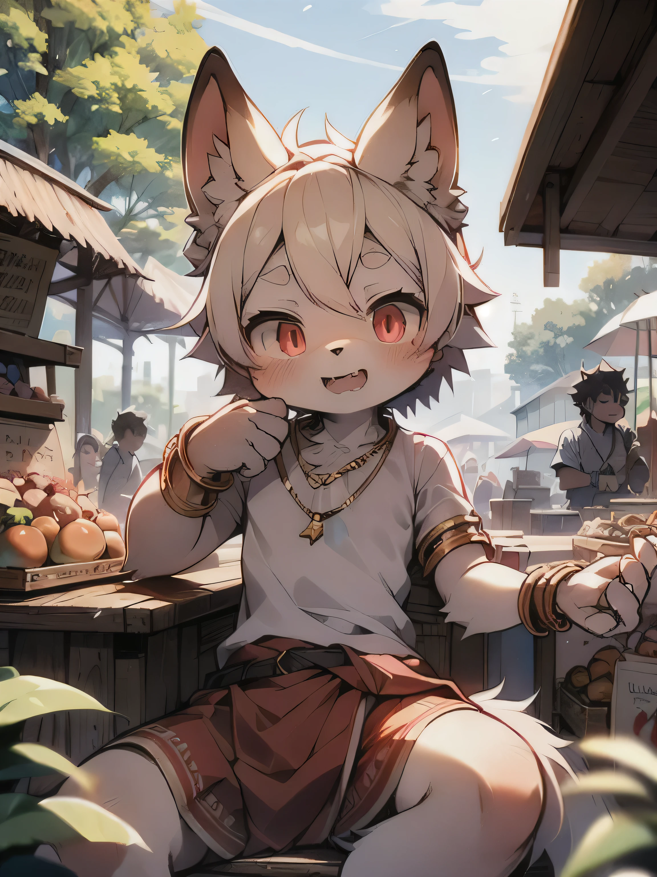 rest, Masterpiece, high resolution, 8k, Detailed background, high quality, rest, rest, (fur, black sclera, Red Eyes, Fluffy fur, Detailed fur)) hairy, shattered, male, Boys, Humanoid, Fig Leaves, Loincloth (Ancient Greek Architecture, market, necklace, bracelet), Solitary, (By Dagasi: 1.1)