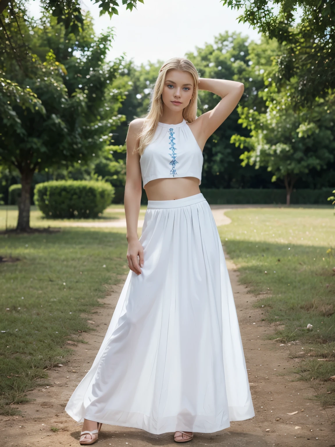 a blonde, slavic features, blue eyes, posing, wearing a two piece white dress, long skirt, outdoors