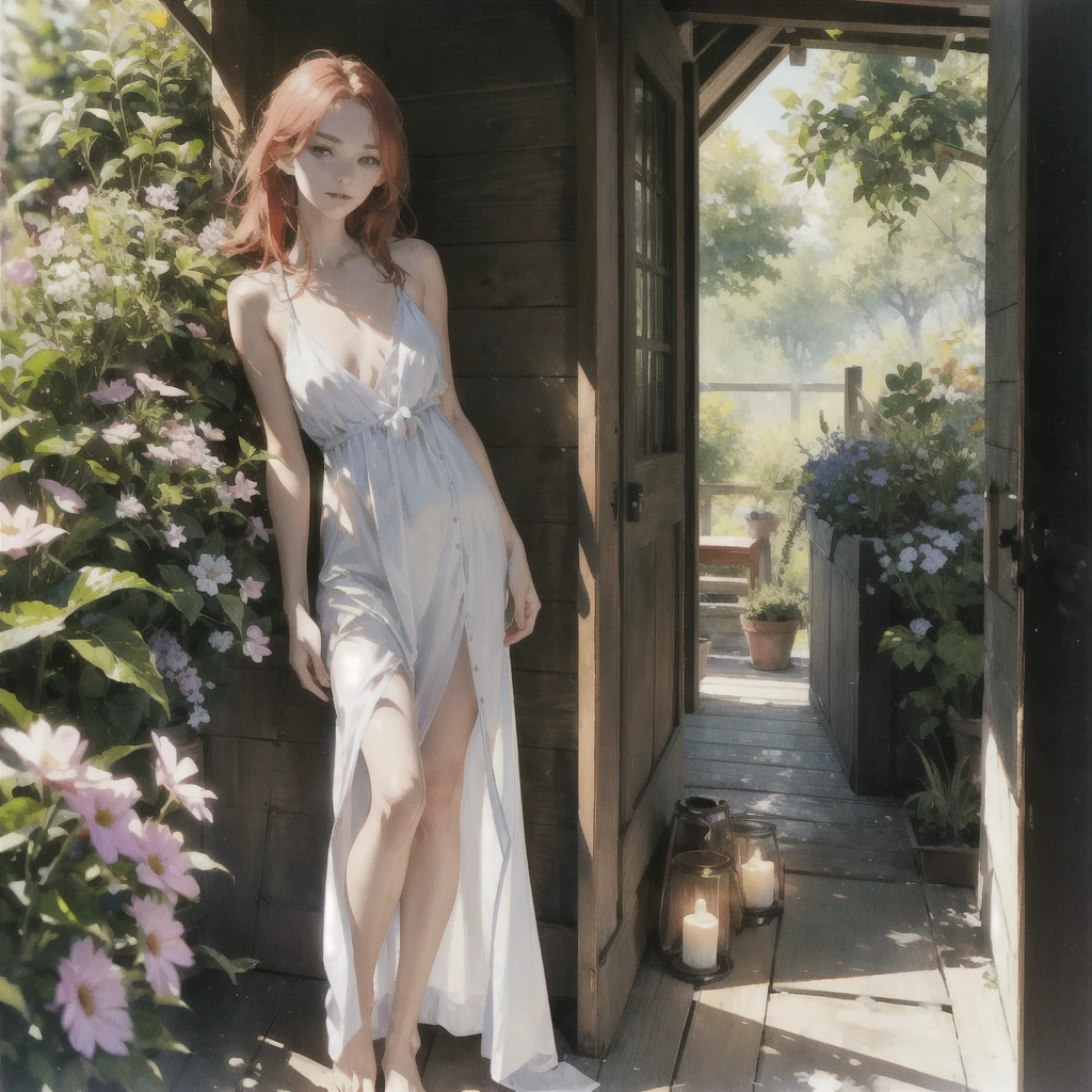 An exquisite slender tender girl of  with a perfect tender face with red hair with freckles in the rays of the rising sun, naked with tender breasts with pink nipples, barefoot on the veranda in the garden, drinking wine and looking at flowers, in watercolor style, discreet light shades, Flares, imitation of film photography, against the sun, a lot of sun glare, light fills the frame