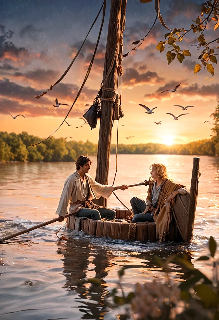 a moment of tranquility and camaraderie on the Mississippi River, The scene unfolds under the soft glow of a setting sun, painting the sky in hues of orange and pink, casting a warm, golden light over the rippling waters. In the foreground, Huck, a spirited young boy with tousled blond hair and a mischievous glint in his eye, stands at the helm of the raft, skillfully maneuvering it with a long pole. His ragged clothes flutter in the gentle breeze, a testament to his carefree spirit and adventurous nature. Beside him, Jim, a wise and compassionate African American man, sits with a serene expression, his weathered face reflecting a mix of determination and hope. The raft itself is a patchwork of rough-hewn wood, adorned with a few personal belongings tied up in a worn bundle. A fishing pole leans against the side, hinting at moments of leisure and sustenance shared on their journey. The river stretches out before them, its waters reflecting the colors of the sky and teeming with life - from the graceful flight of birds overhead to the rustling of leaves along the verdant banks. As Huck and Jim navigate the twists and turns of the river, their bond deepens, transcending societal barriers and forging a friendship rooted in mutual respect and shared experiences.