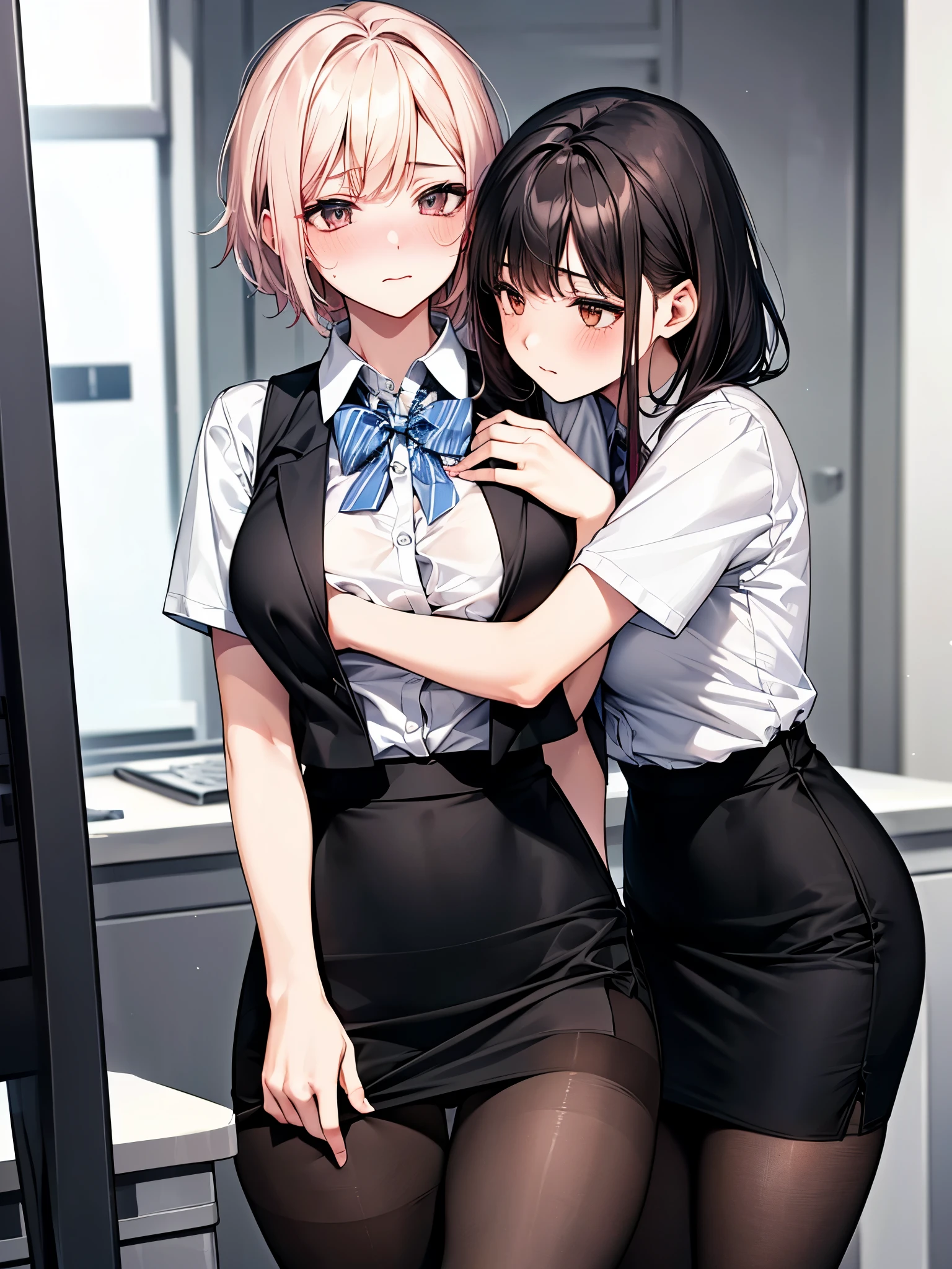 (bank teller, bow, short sleeves, black pantyhose, white shirt, pencil skirt, vest:1.2), Beauty、20-year-old、masterpiece、highest quality、(8k, highres), (embarrassed:1.1), blush, (shirt front open, show off bra:1.1), (hugging one’s breast), pussy juice