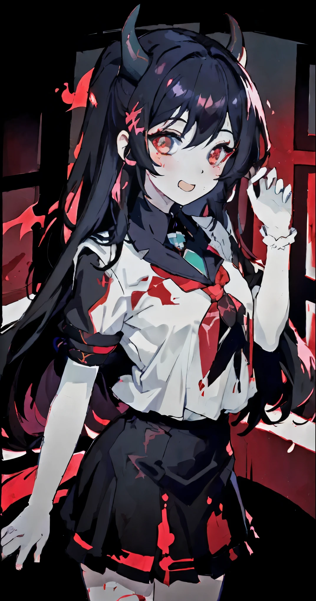 hatsune miku, black hair, red eyes, smiling, school wear, soaked in blood, yandere, big tits