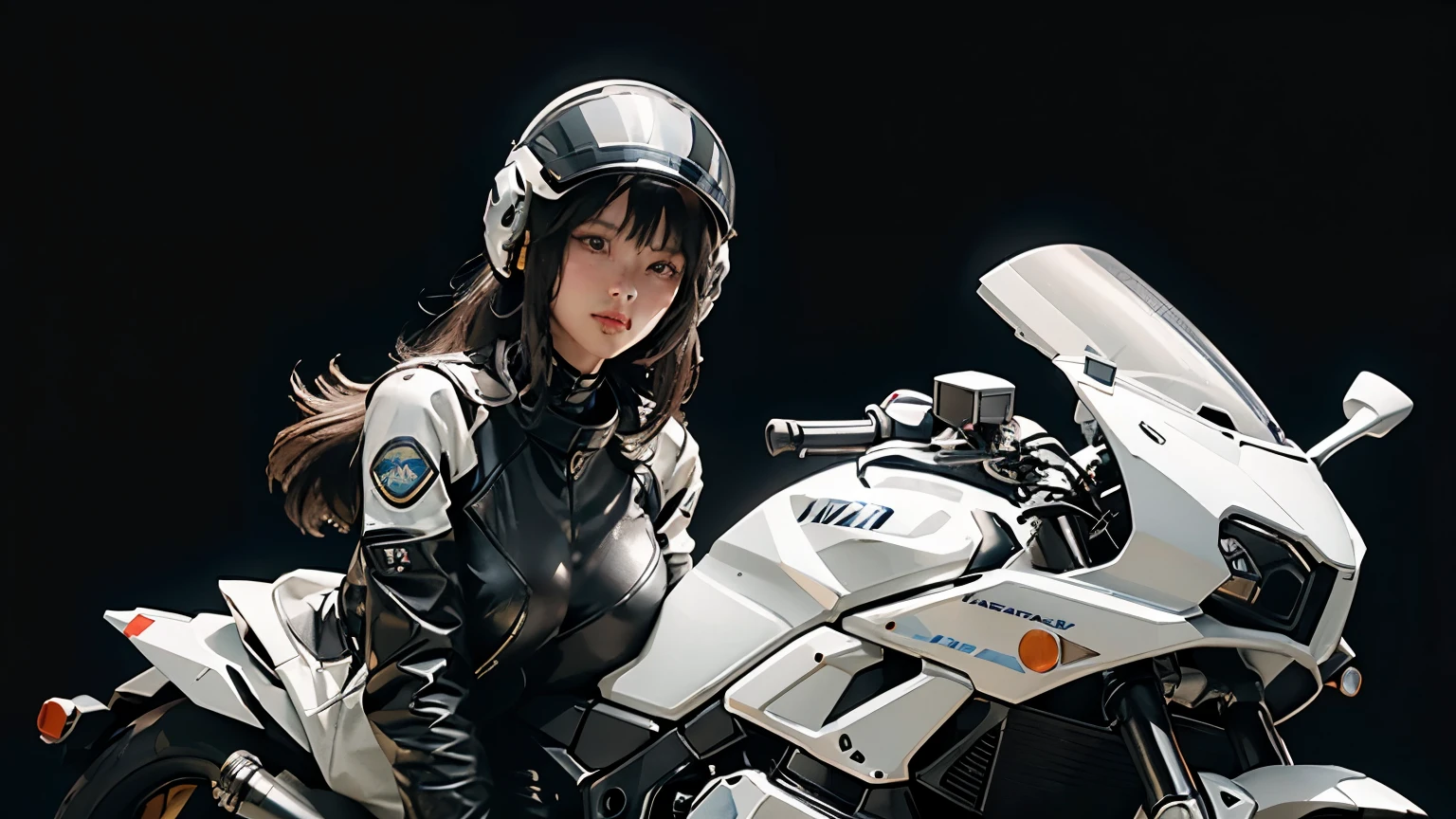 Best image quality, Excellent details, Ultra-high resolution, (realism: 1.4), Best illustrations, Favorite Details, Very condensed one girl, Delicate and beautiful features, Wearing a black and white mech, Wearing a mecha helmet, Hold the directional controller, Riding on motorcycle, The background is a futuristic city high tech lighting scene.