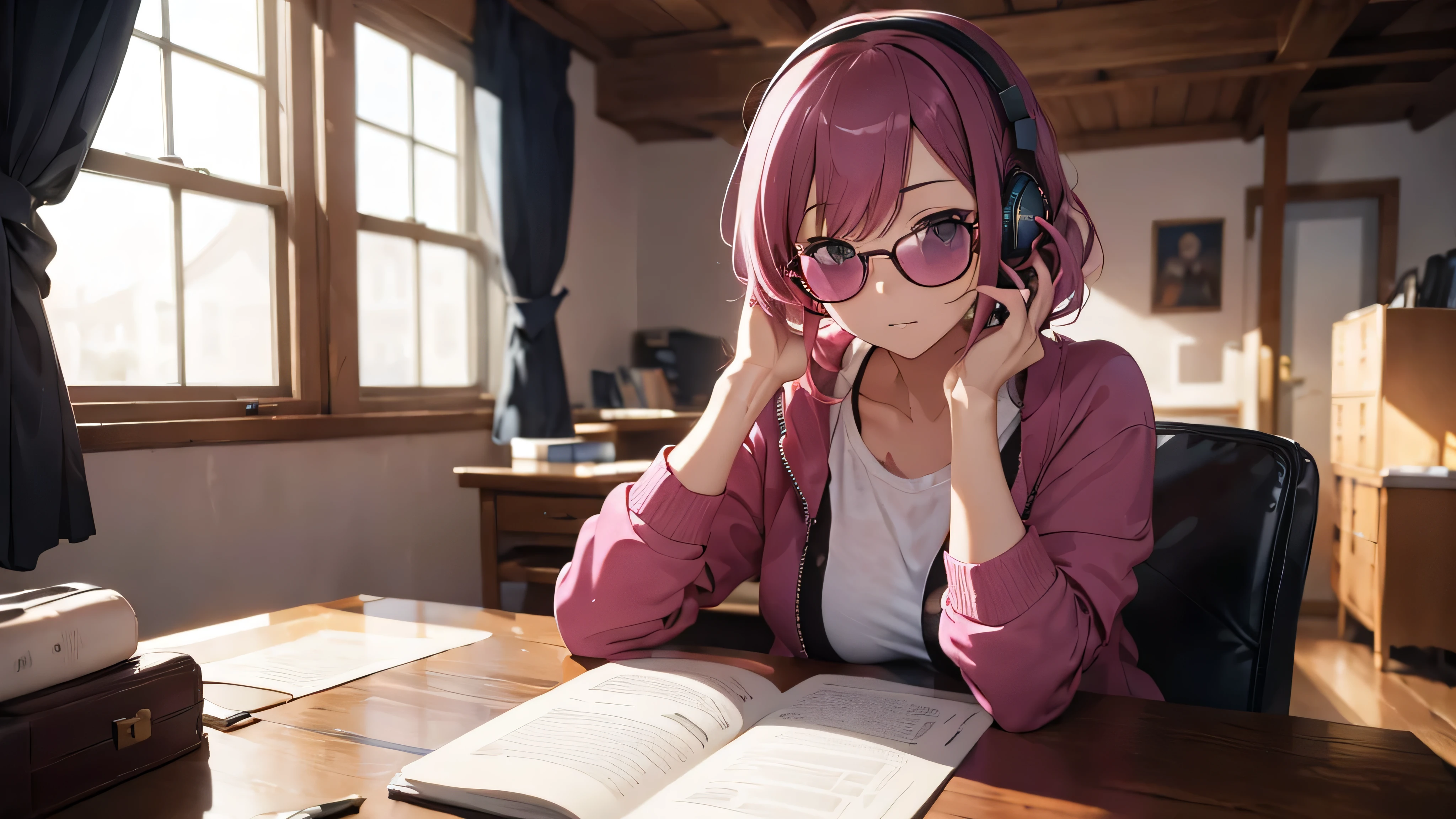 (masterpiece), (highest quality), (Very detailed), Dark pink hair　Studying at a desk in a room　I have headphones on　Wearing large sunglasses　Punk Fashion　It's a little dark outside